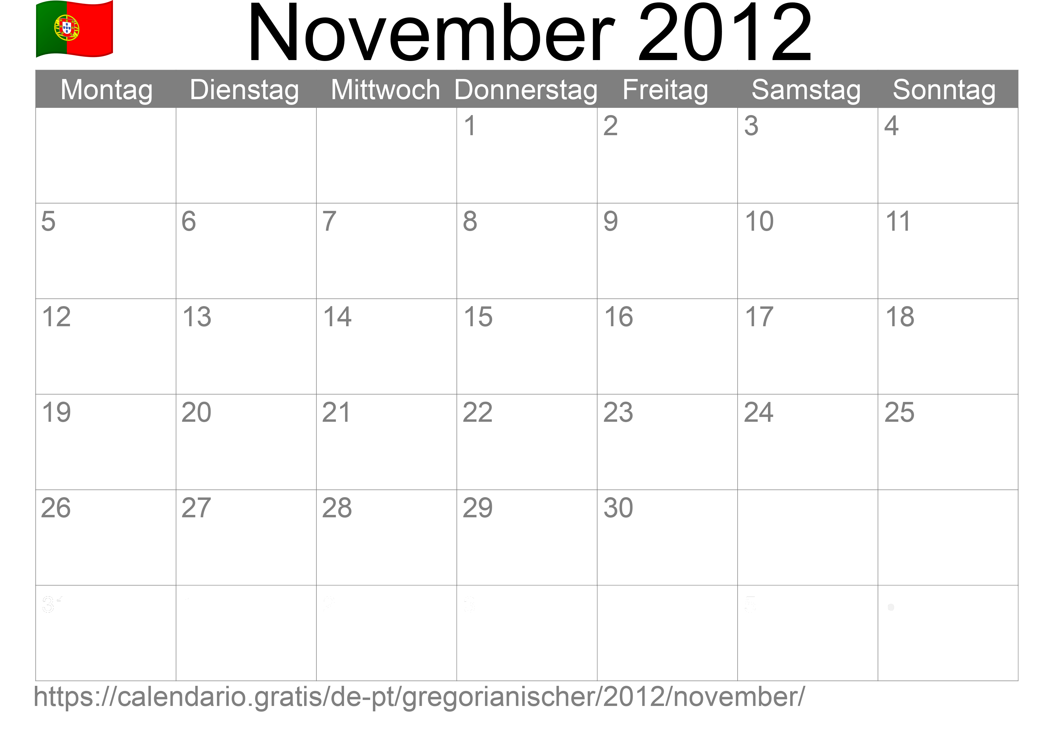 Kalender November 2012 zum Ausdrucken