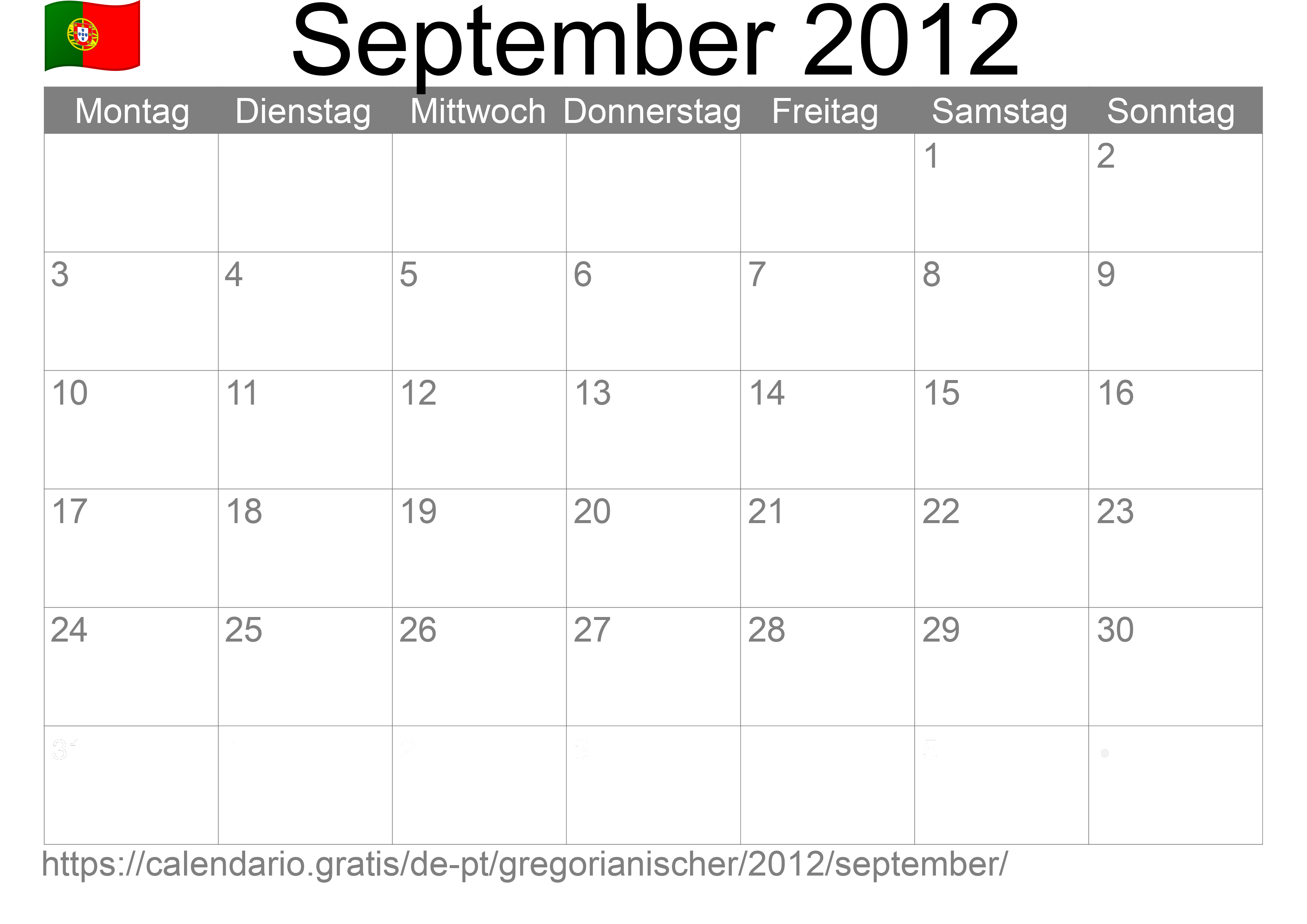 Kalender September 2012 zum Ausdrucken