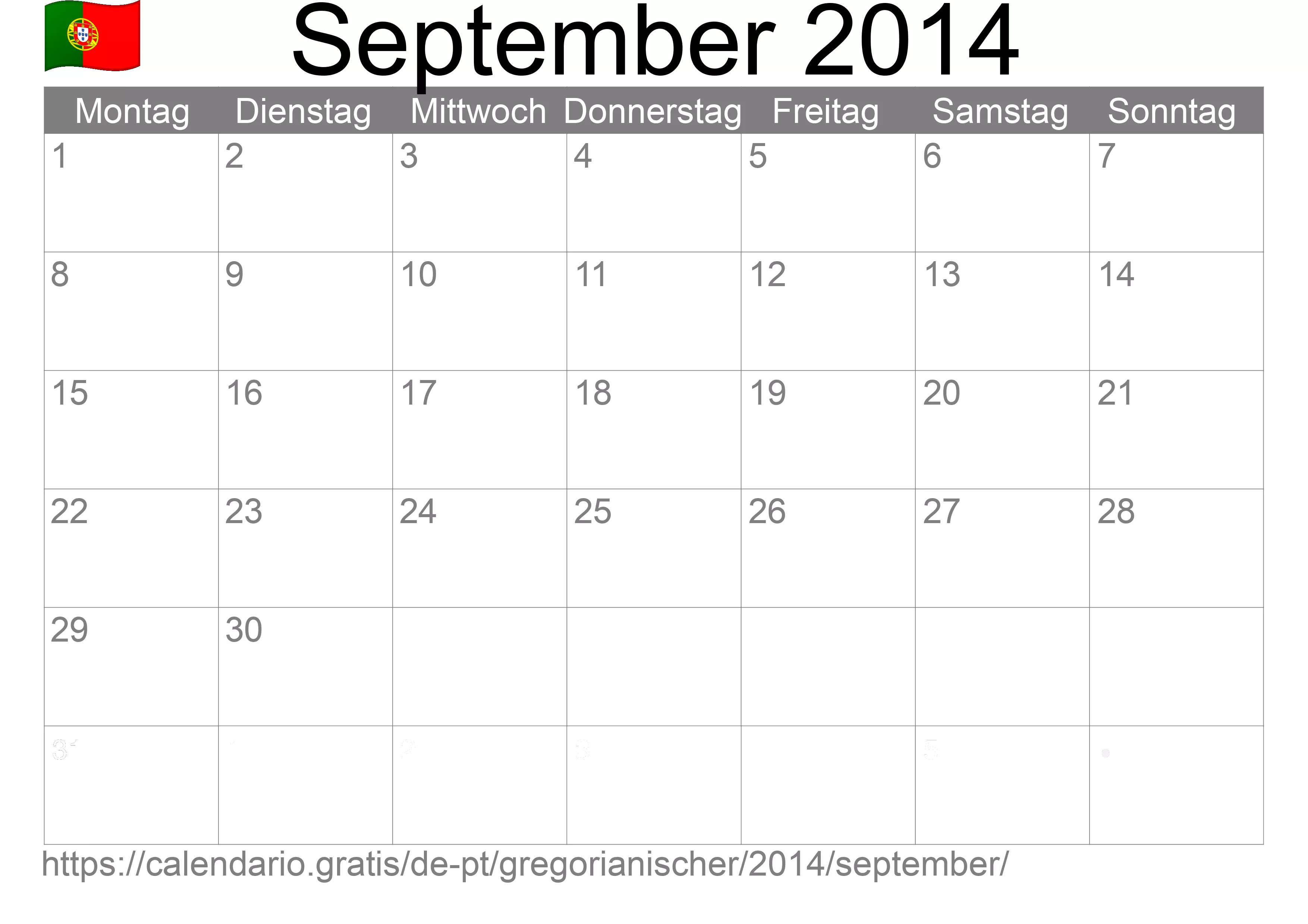 Kalender September 2014 zum Ausdrucken (Portugal)