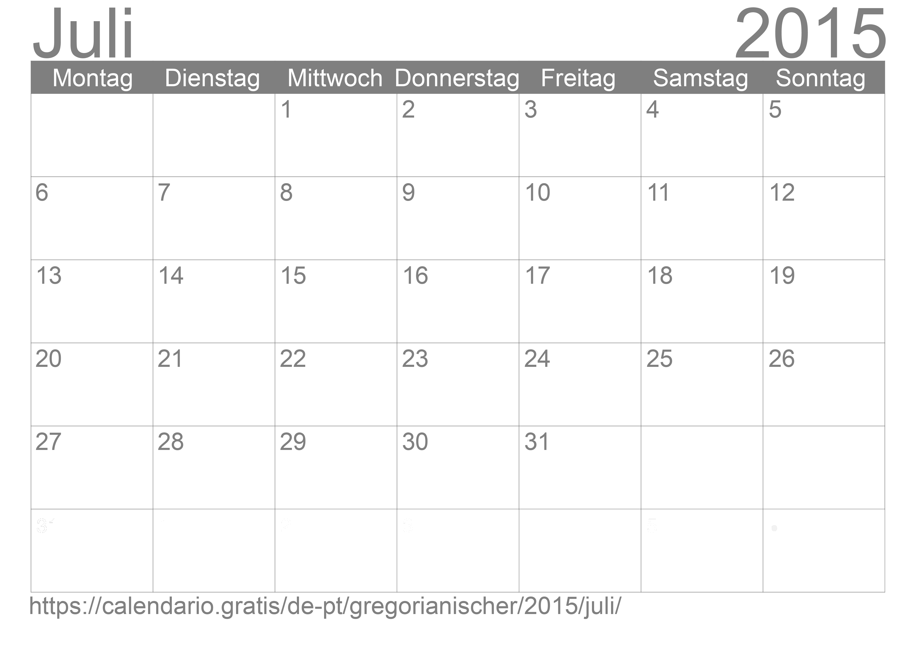 Kalender Juli 2015 zum Ausdrucken