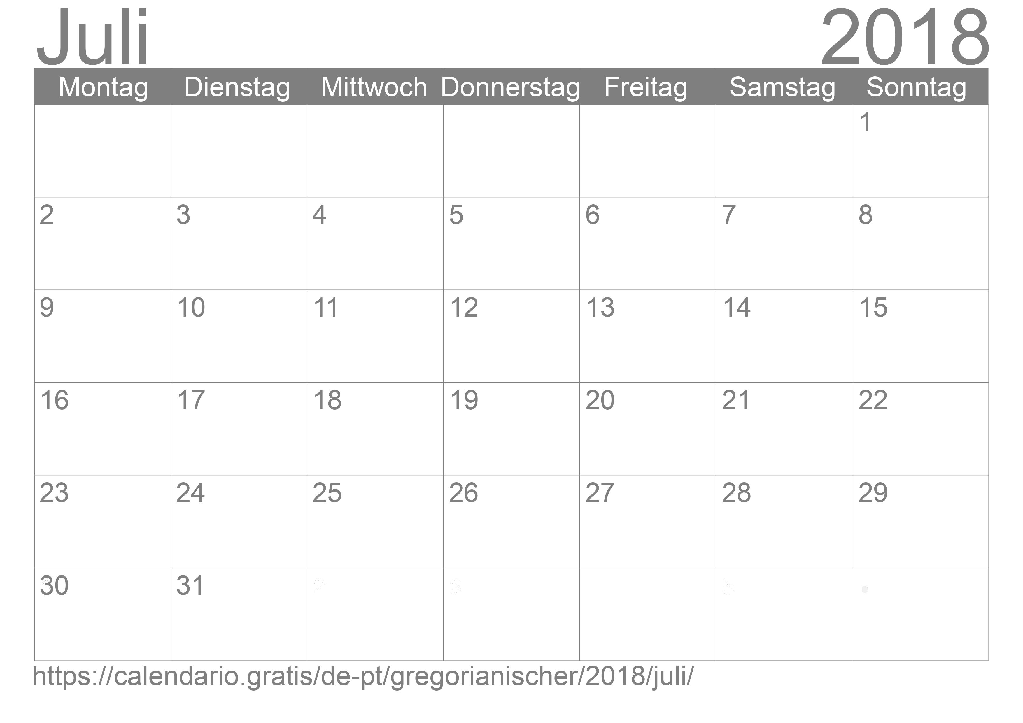 Kalender Juli 2018 zum Ausdrucken