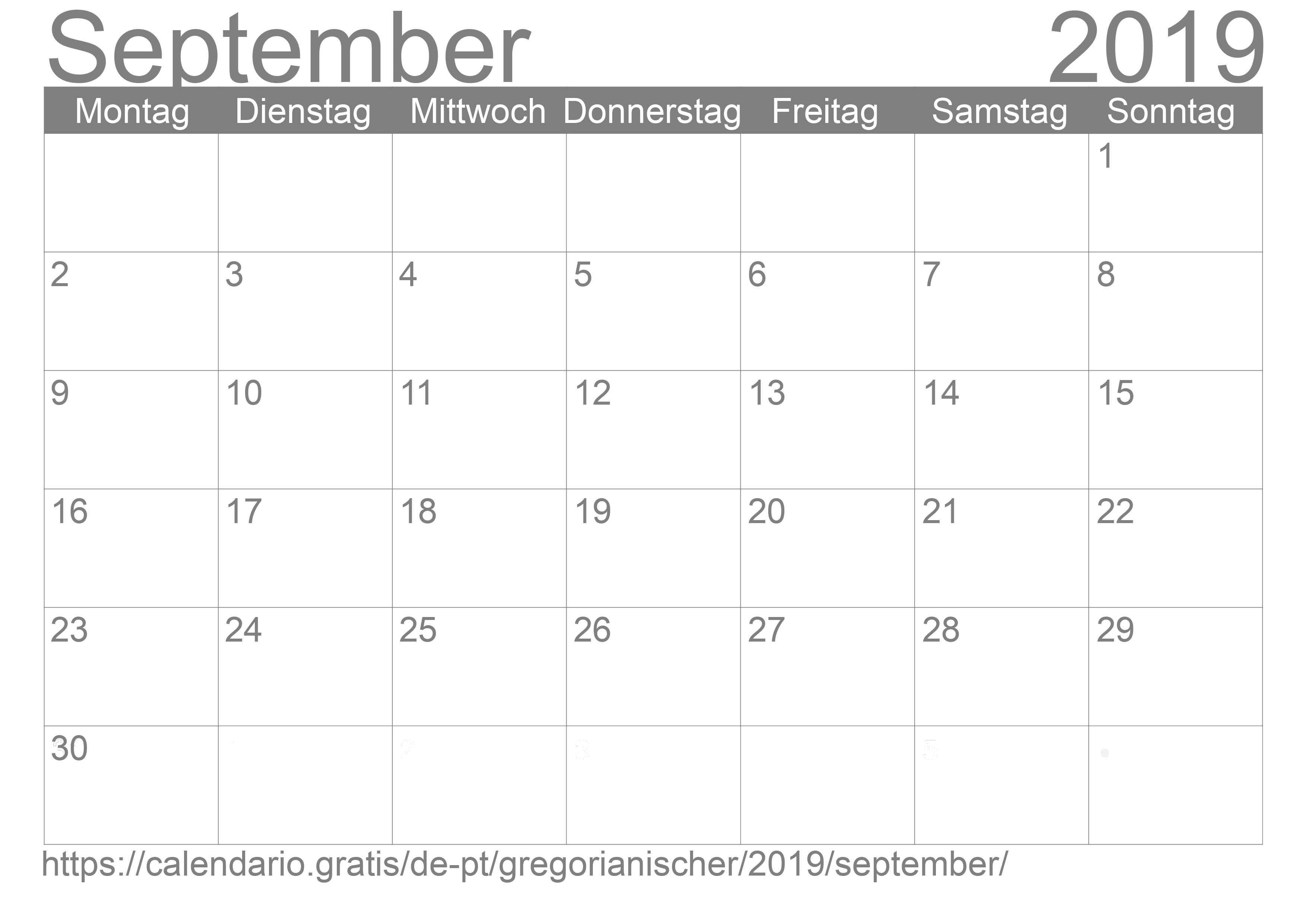 Kalender September 2019 zum Ausdrucken