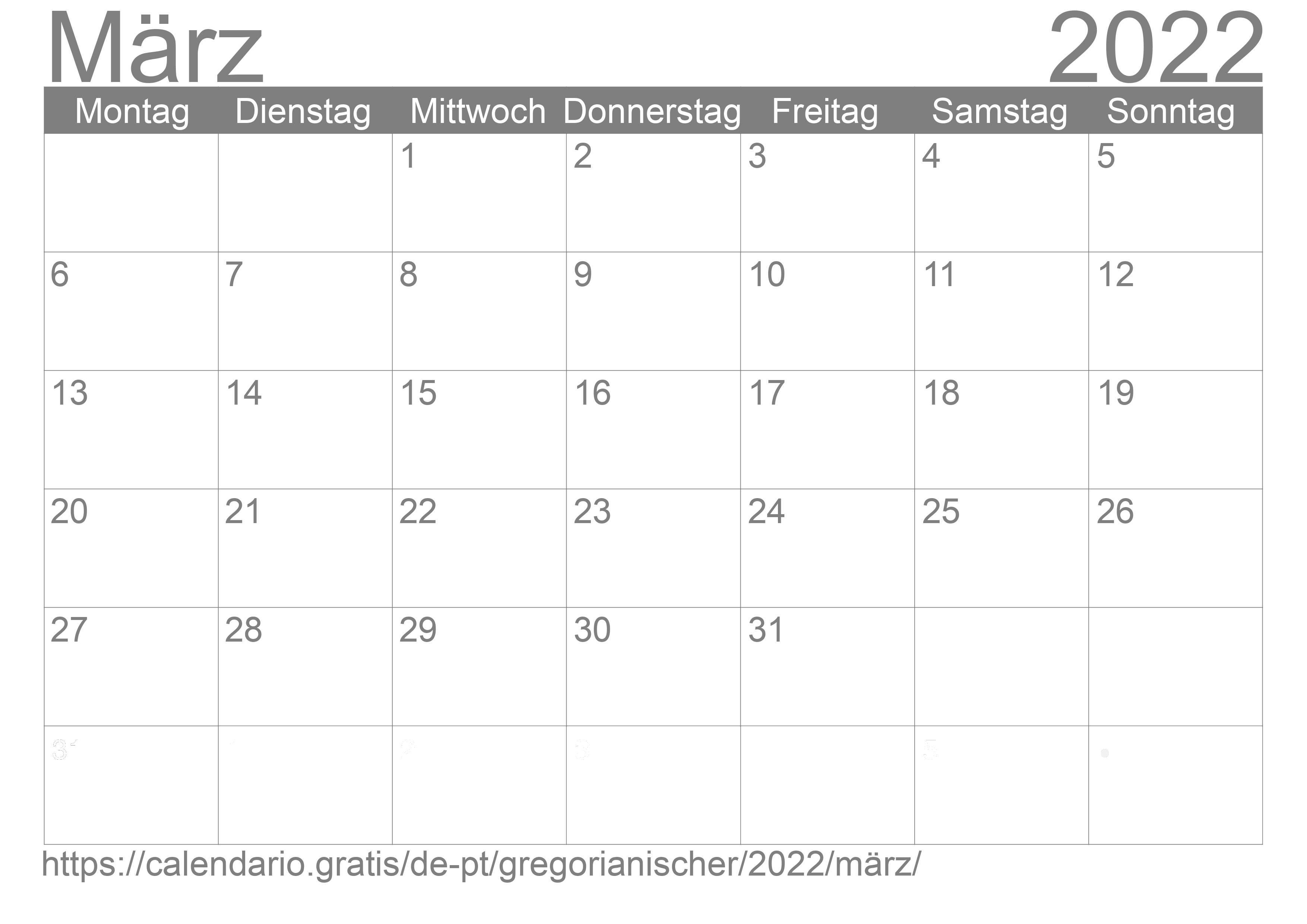 Kalender März 2022 zum Ausdrucken