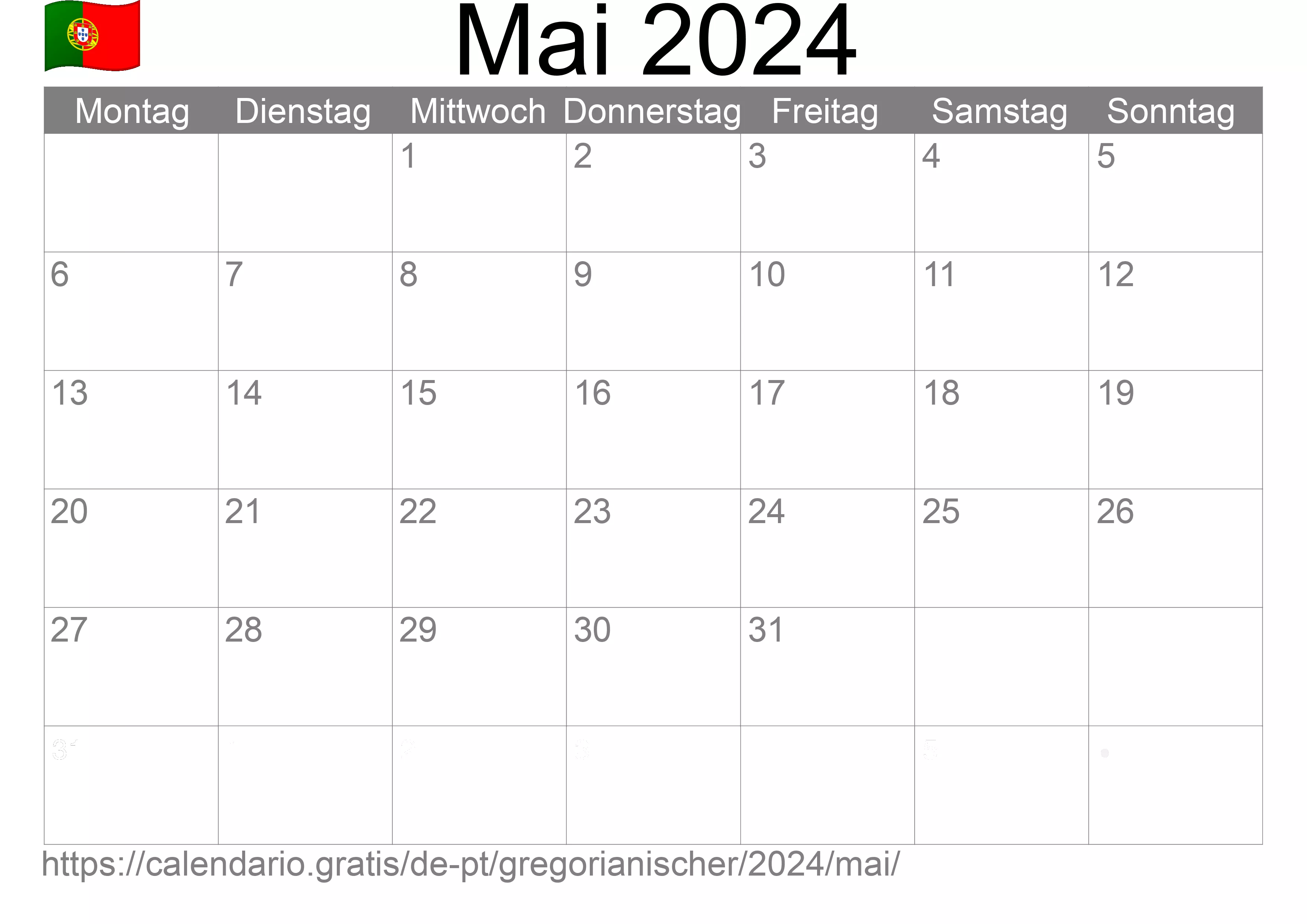 Kalender Mai 2024 zum Ausdrucken (Portugal)