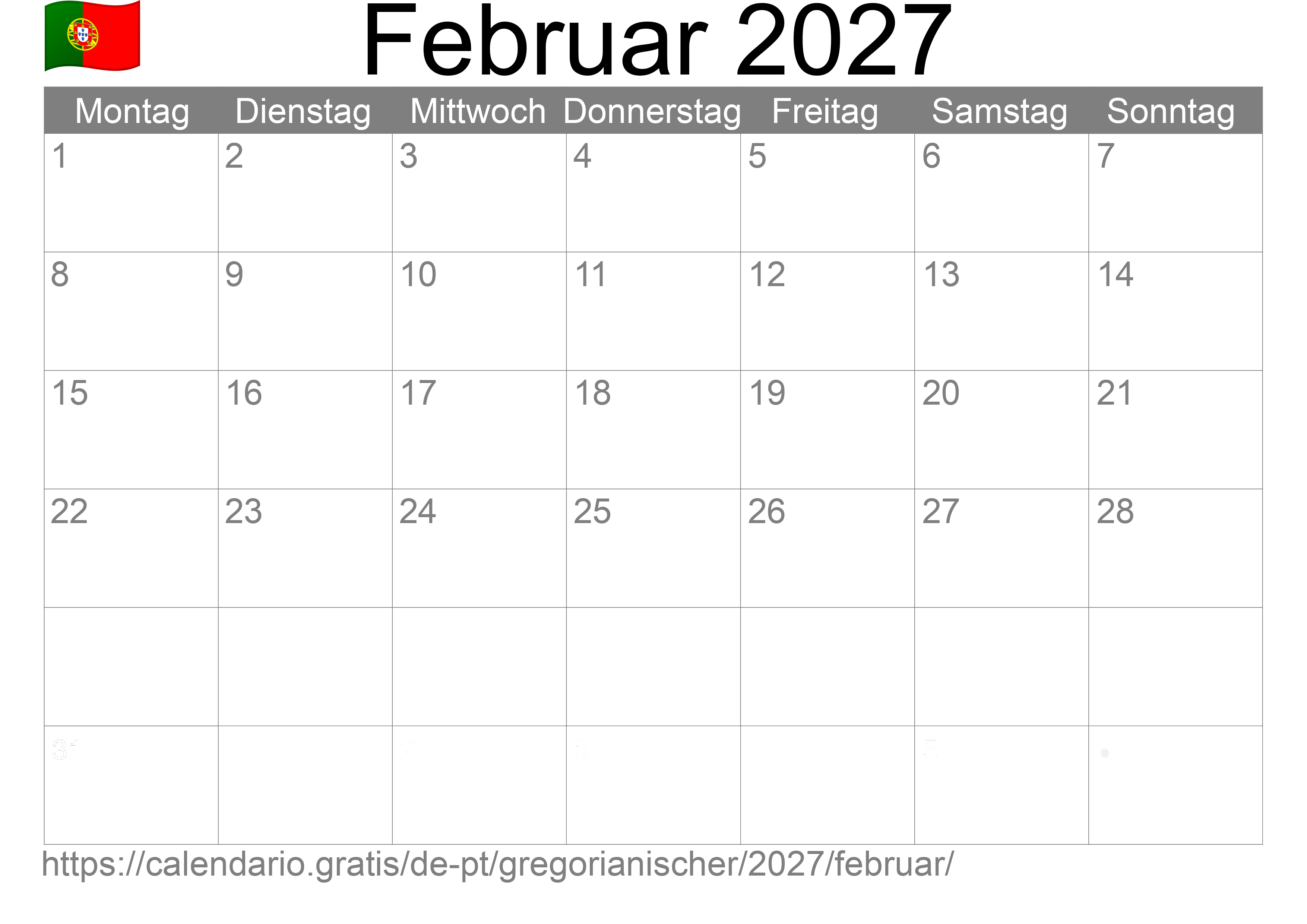 Kalender Februar 2027 zum Ausdrucken