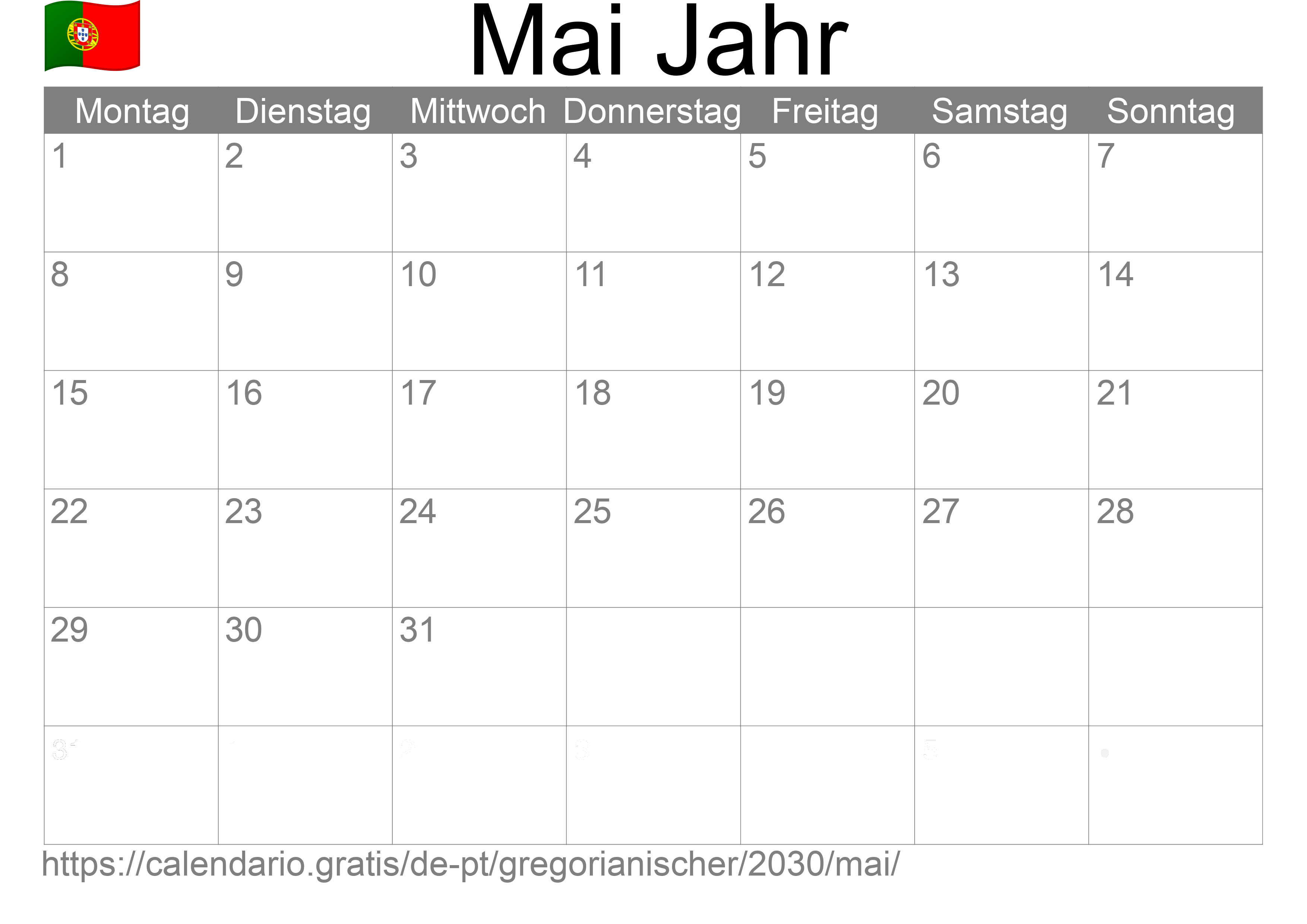 Kalender Mai 2030 zum Ausdrucken