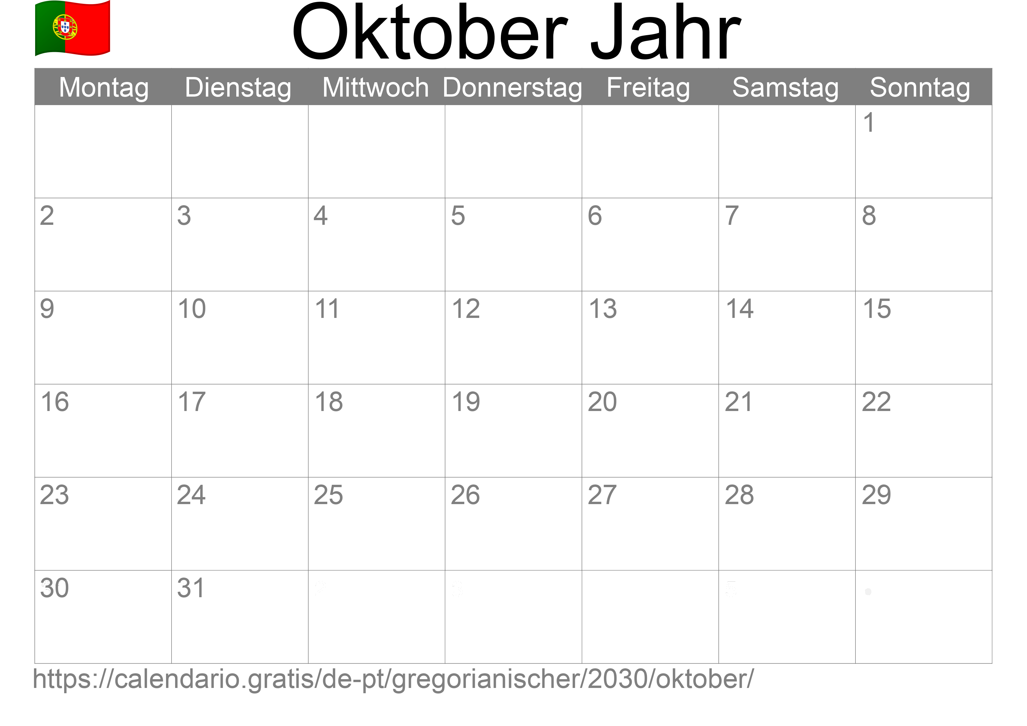 Kalender Oktober 2030 zum Ausdrucken