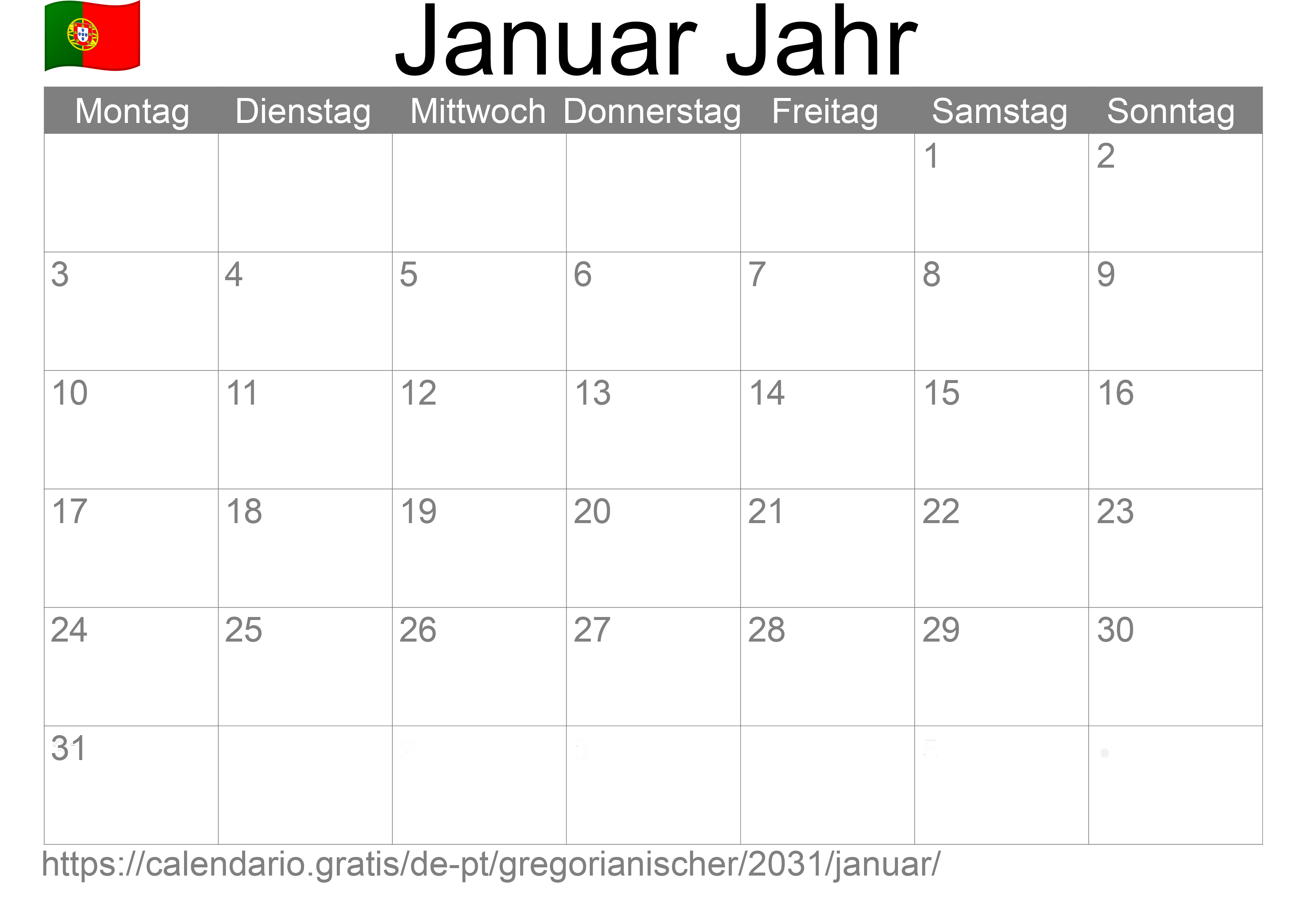 Kalender Januar 2031 zum Ausdrucken