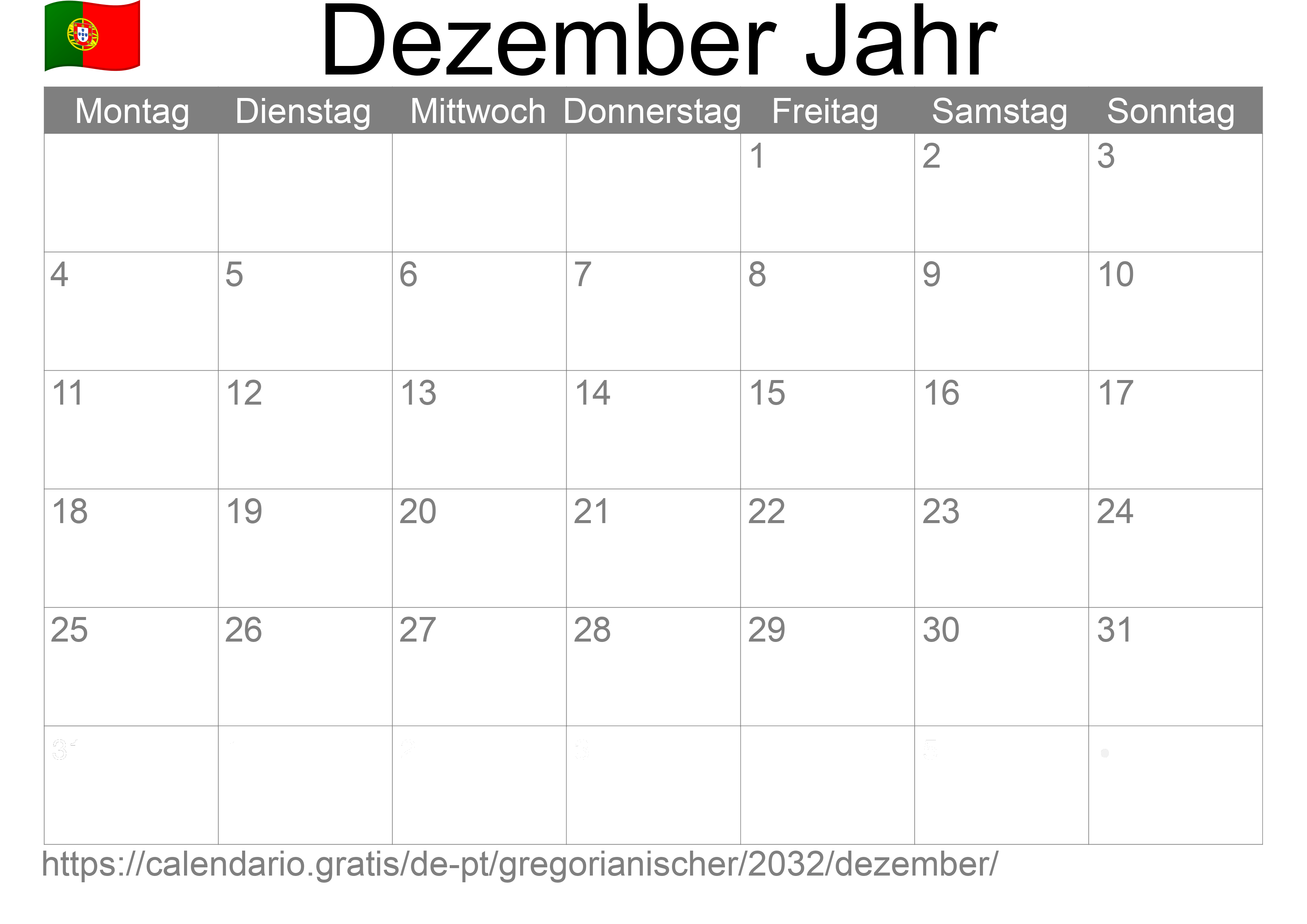 Kalender Dezember 2032 zum Ausdrucken