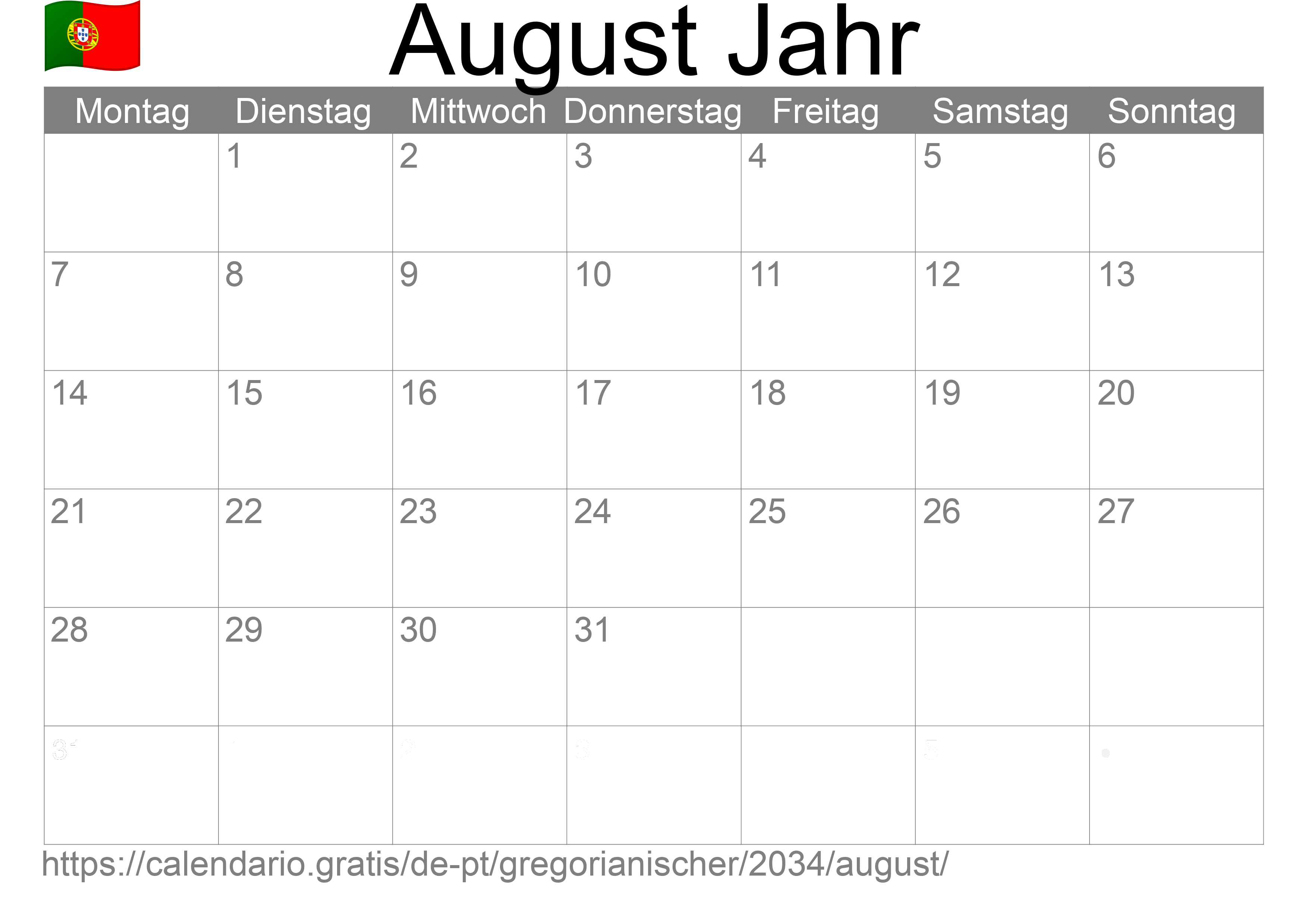 Kalender August 2034 zum Ausdrucken