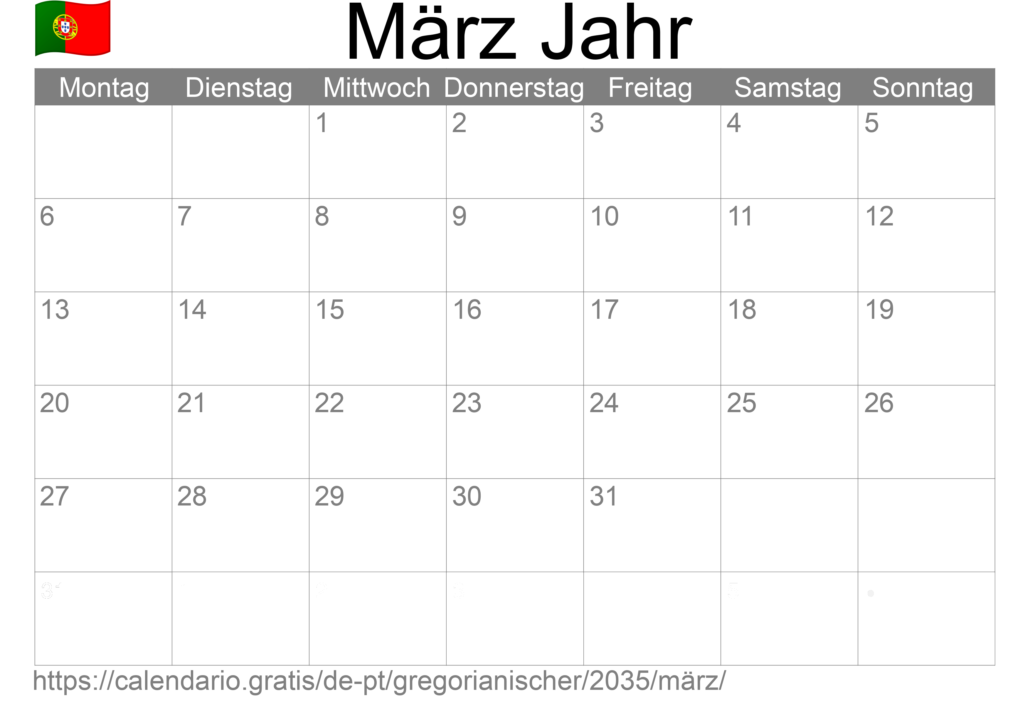 Kalender März 2035 zum Ausdrucken