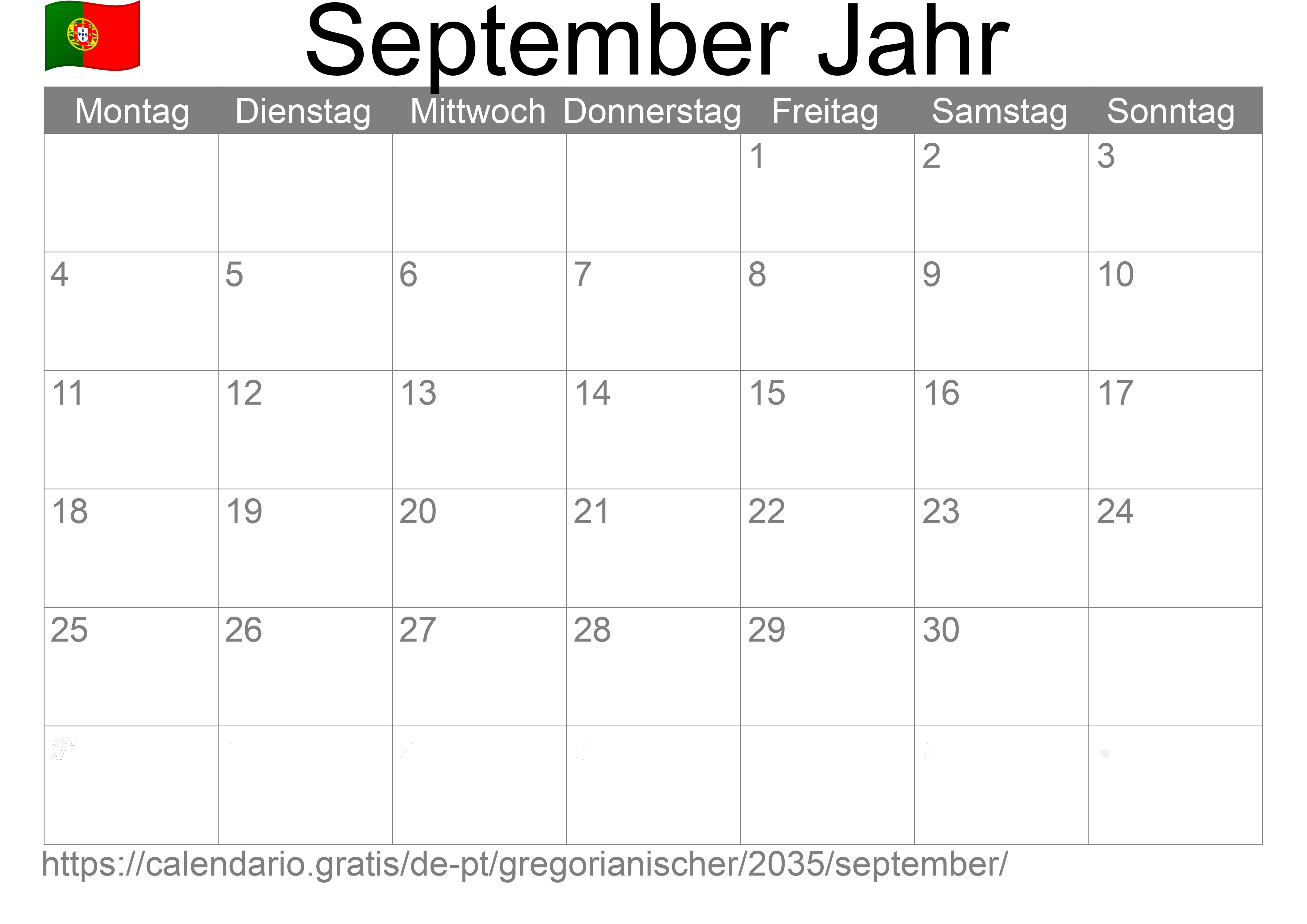 Kalender September 2035 zum Ausdrucken