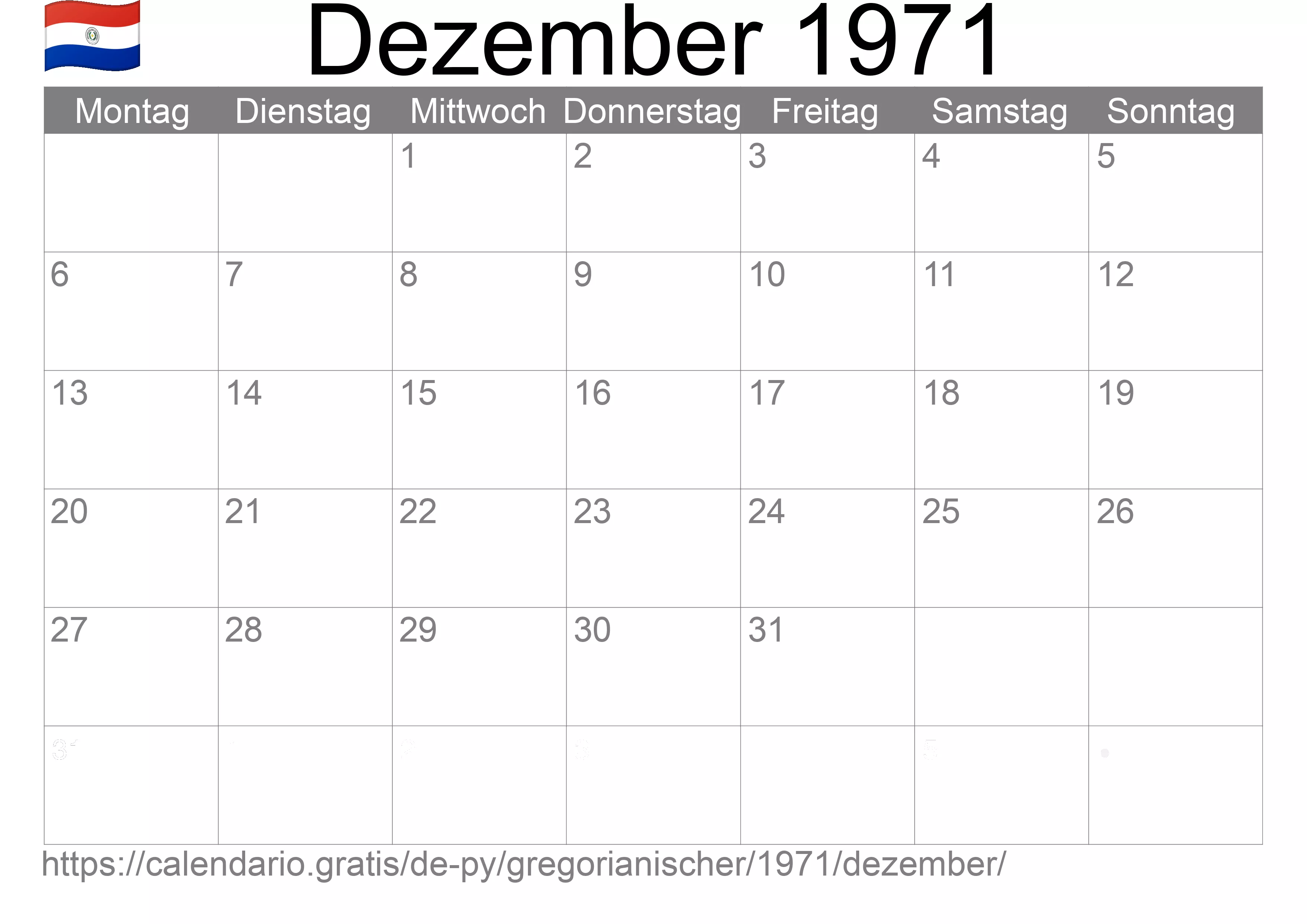 Kalender Dezember 1971 zum Ausdrucken (Paraguay) Kalender Dezember 1971 zum Ausdrucken (Paraguay)
