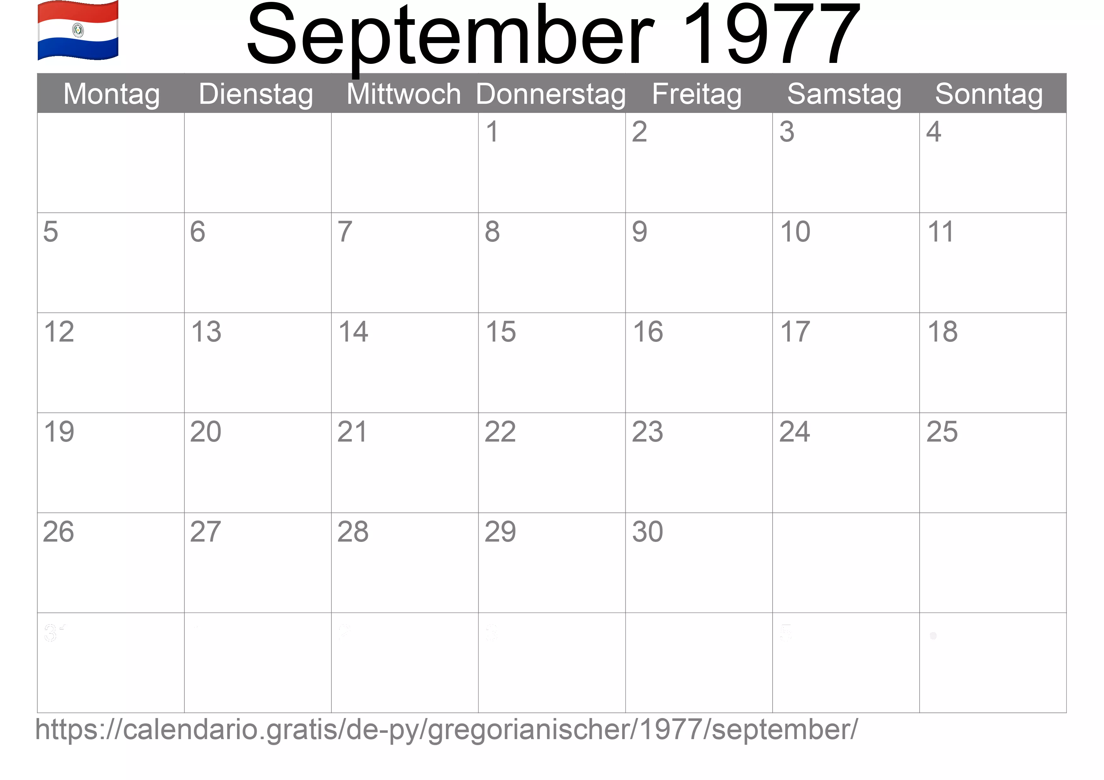 Kalender September 1977 zum Ausdrucken (Paraguay)
