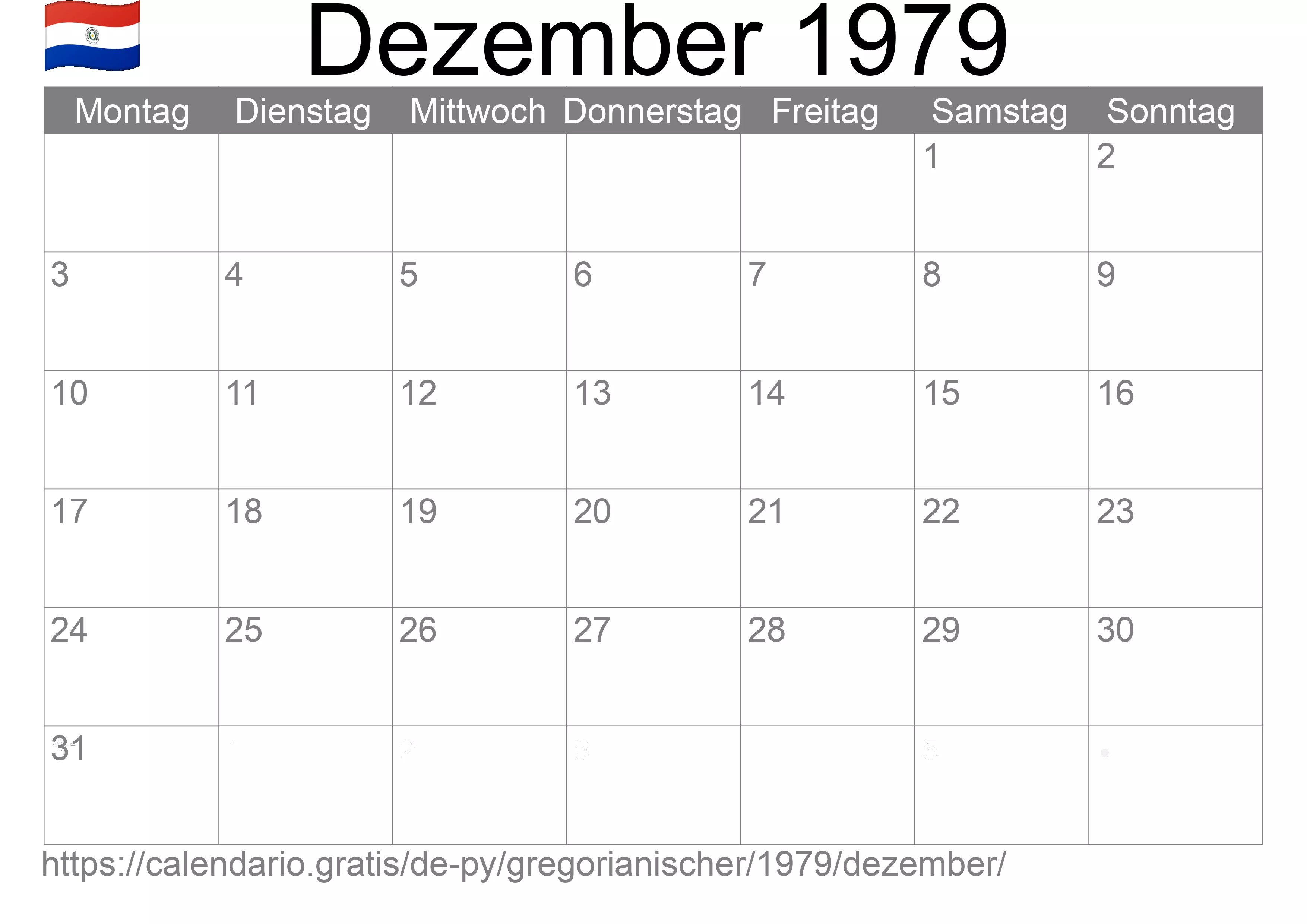 Kalender Dezember 1979 zum Ausdrucken (Paraguay)