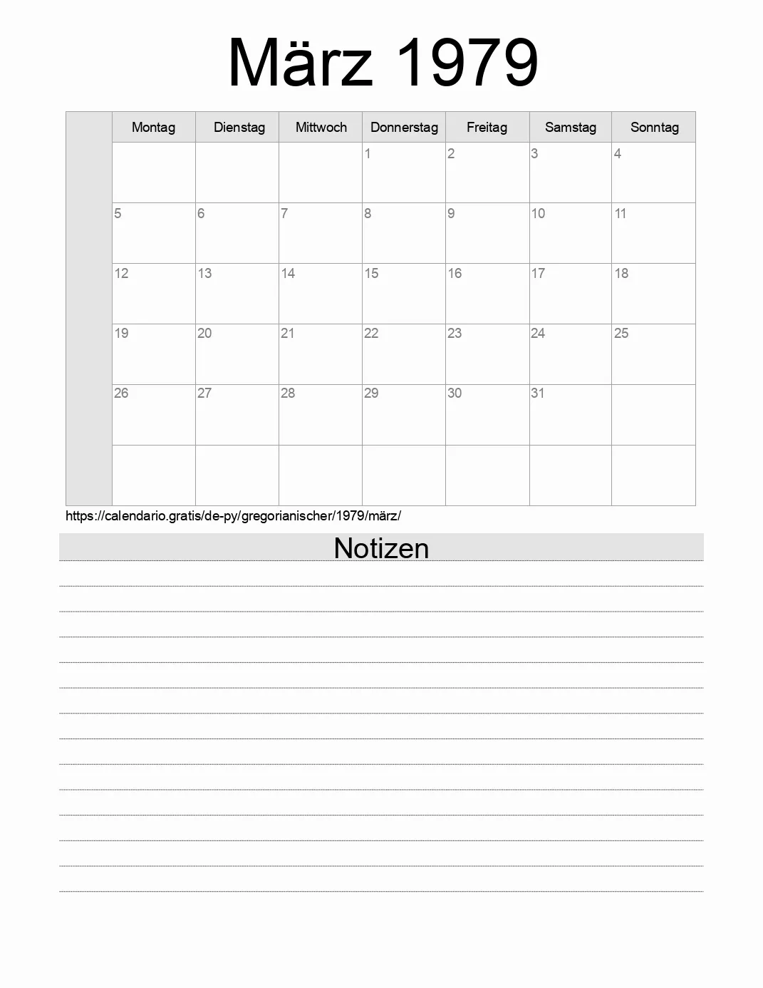 Kalender für März 1979 zum Drucken mit Notizen. (Paraguay) Kalender für März 1979 zum Drucken mit Notizen. (Paraguay)