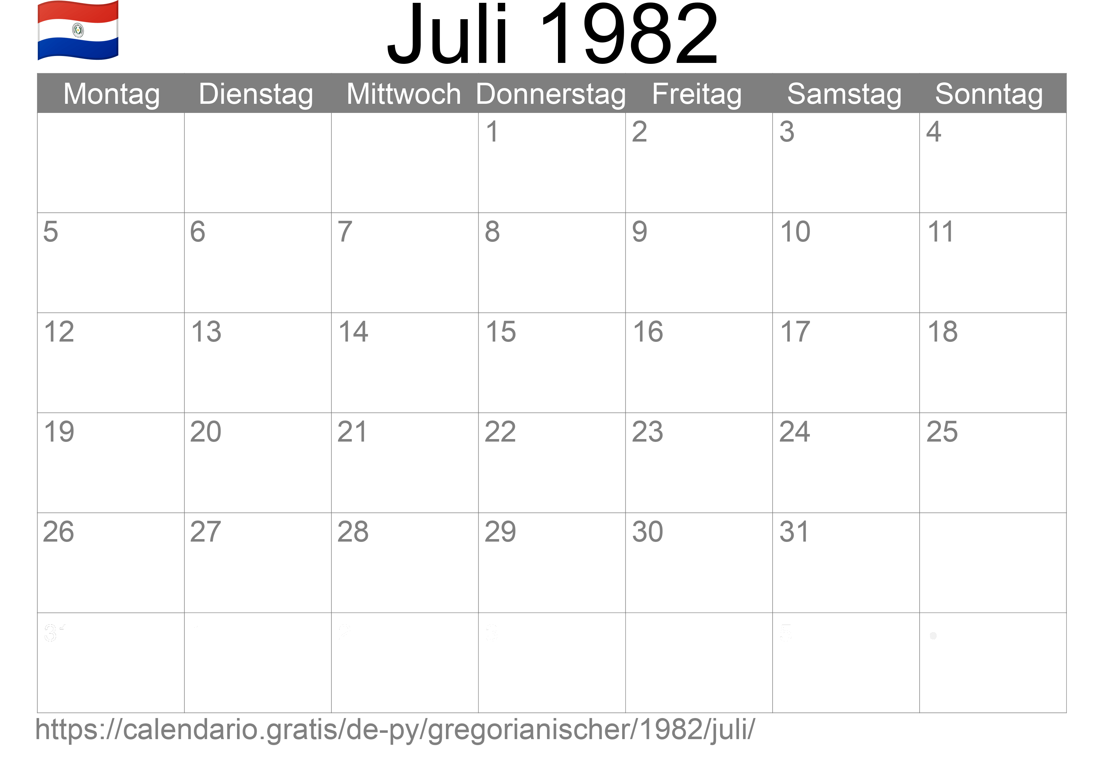 Kalender Juli 1982 zum Ausdrucken