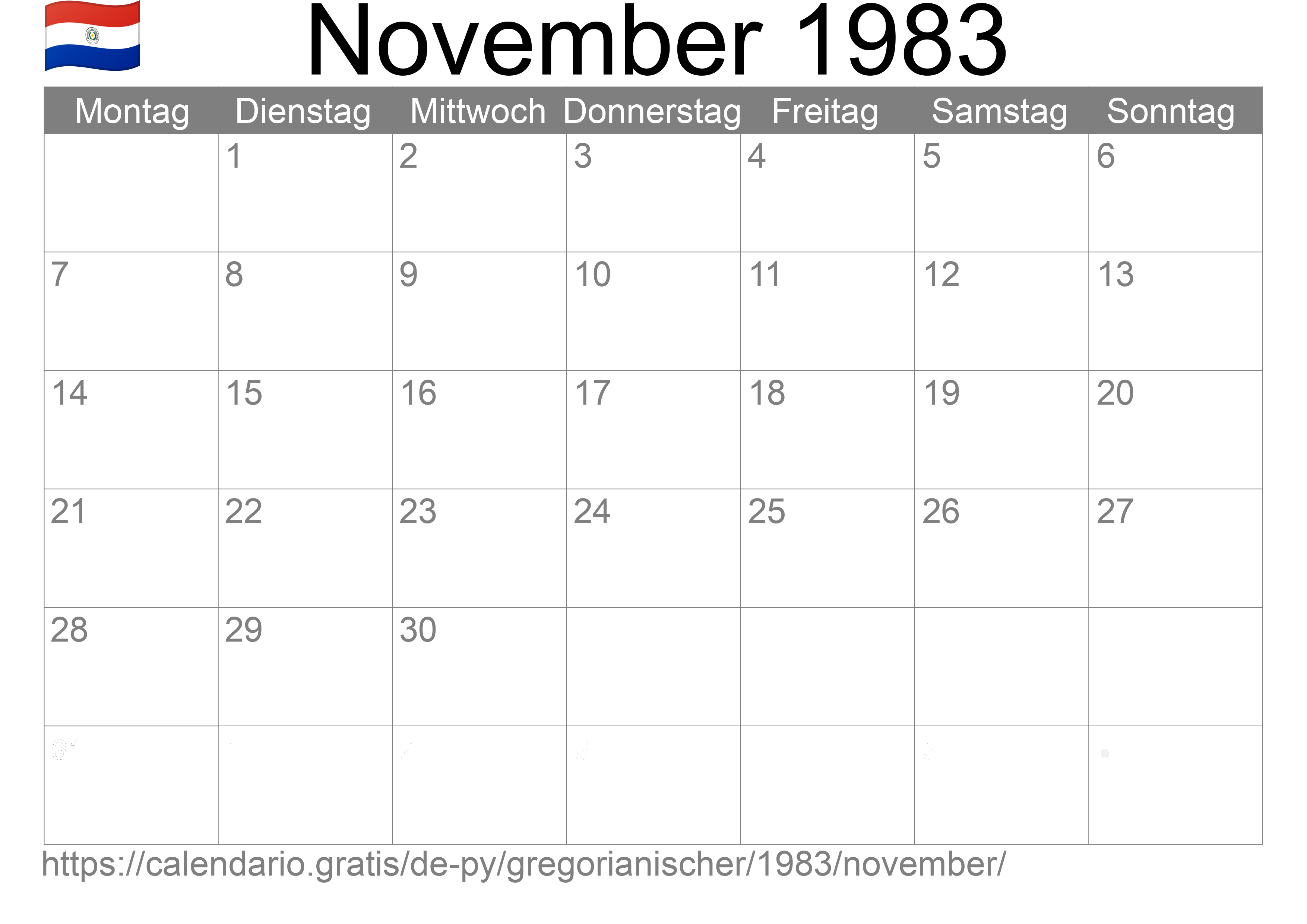 Kalender November 1983 zum Ausdrucken