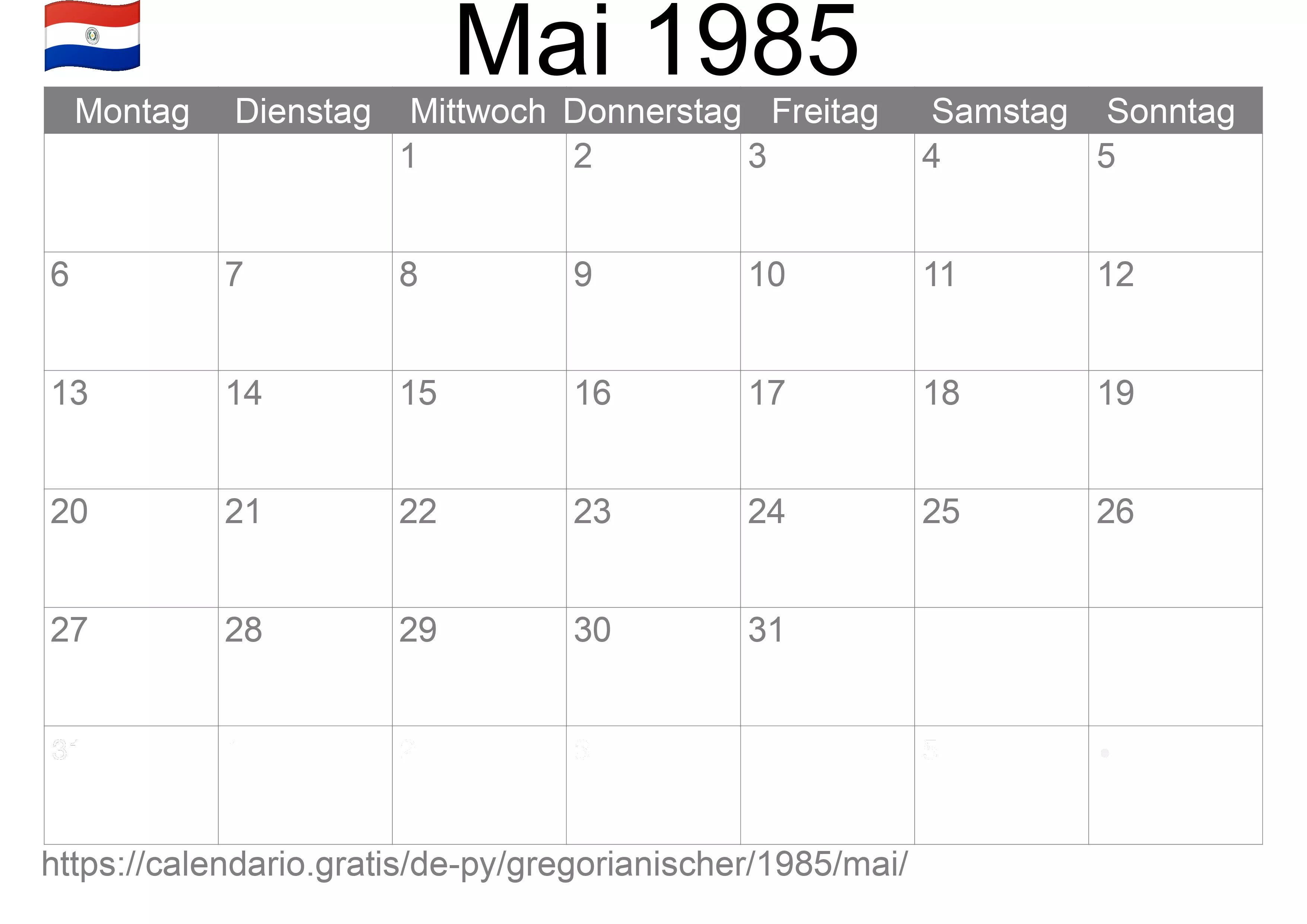 Kalender Mai 1985 zum Ausdrucken (Paraguay)