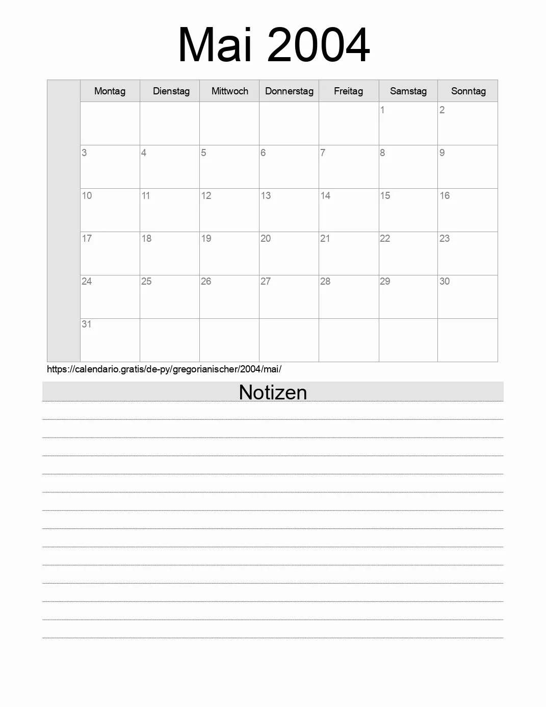 Kalender für Mai 2004 zum Drucken mit Notizen. (Paraguay)