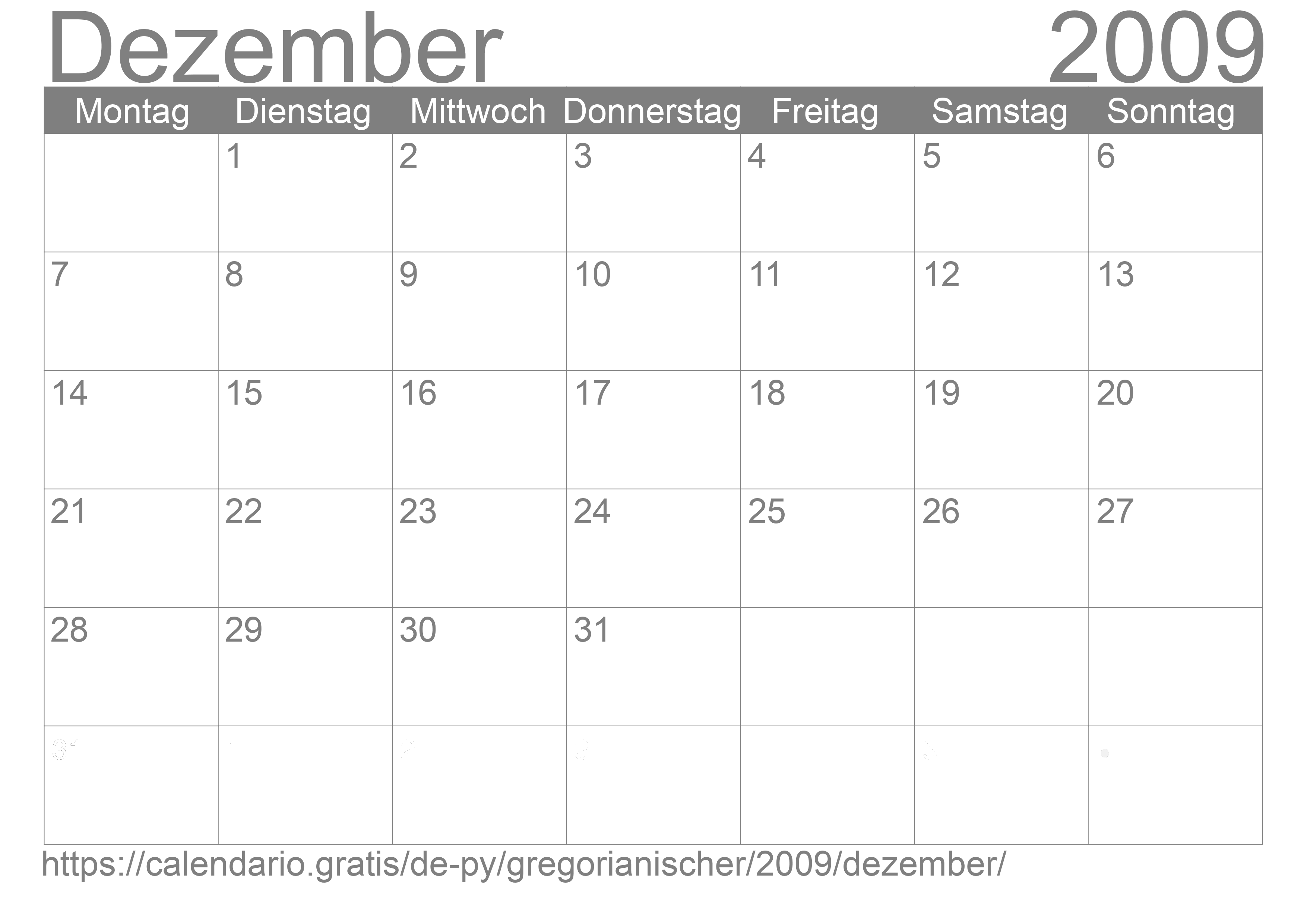 Kalender Dezember 2009 zum Ausdrucken