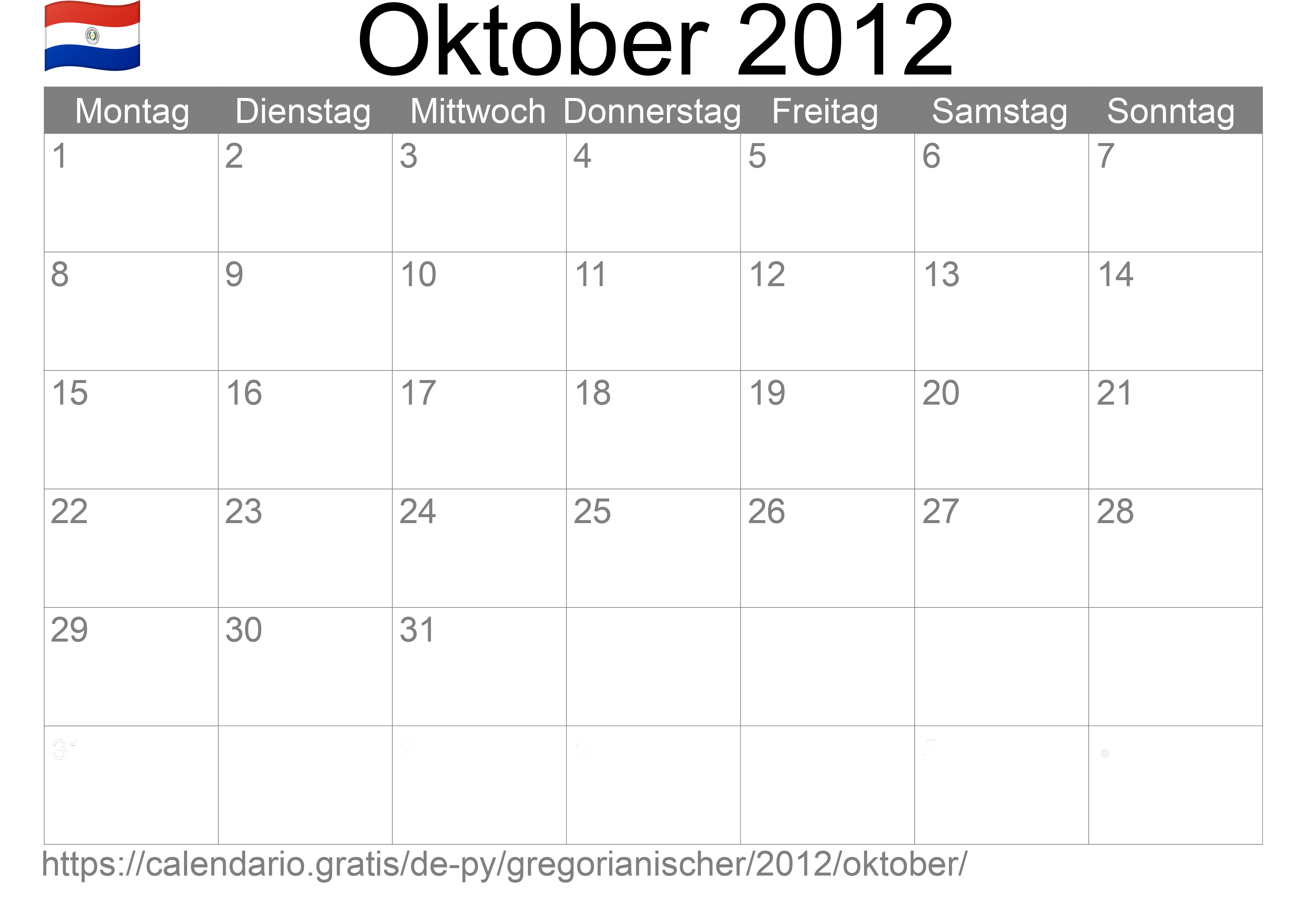 Kalender Oktober 2012 zum Ausdrucken