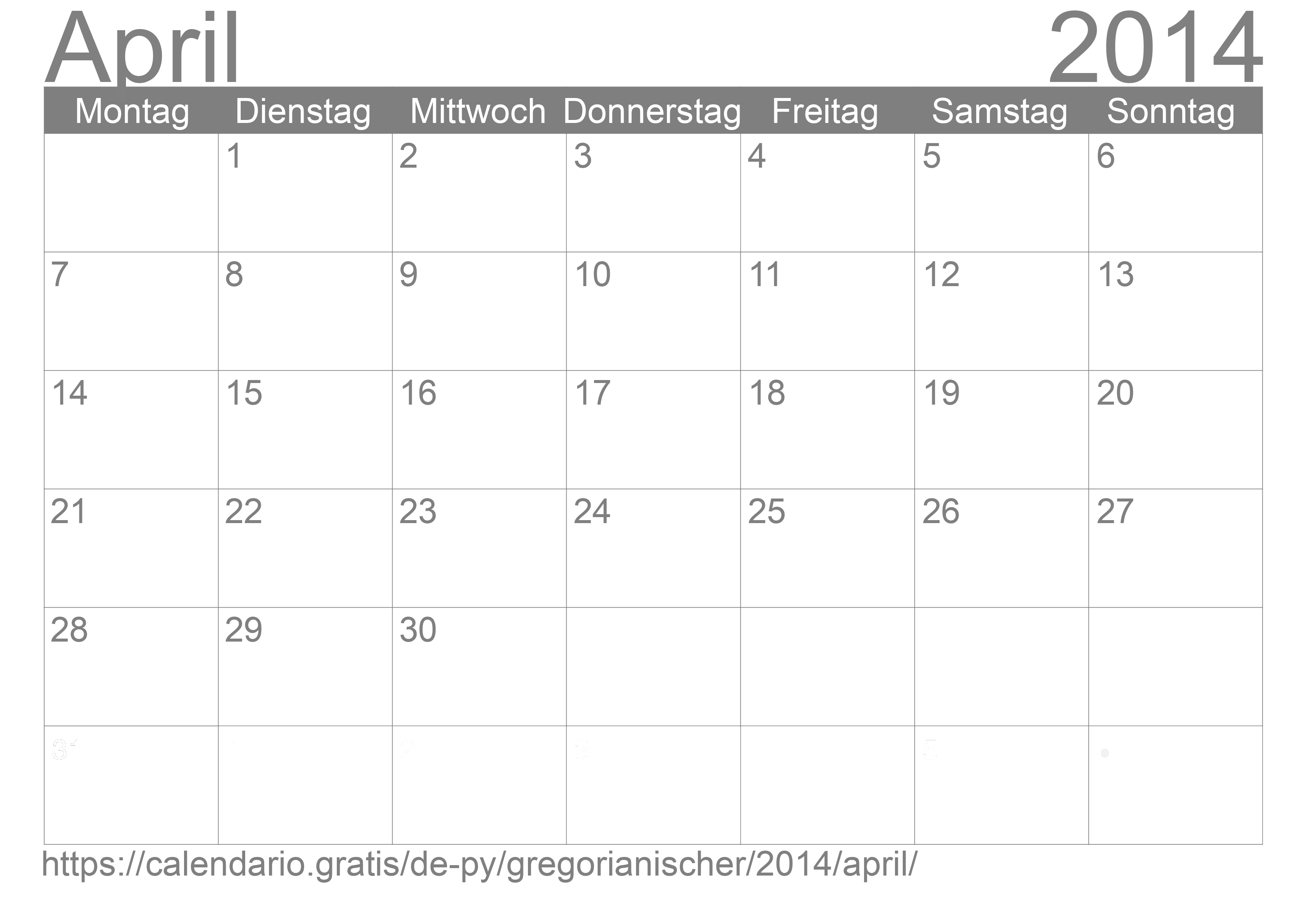 Kalender April 2014 zum Ausdrucken