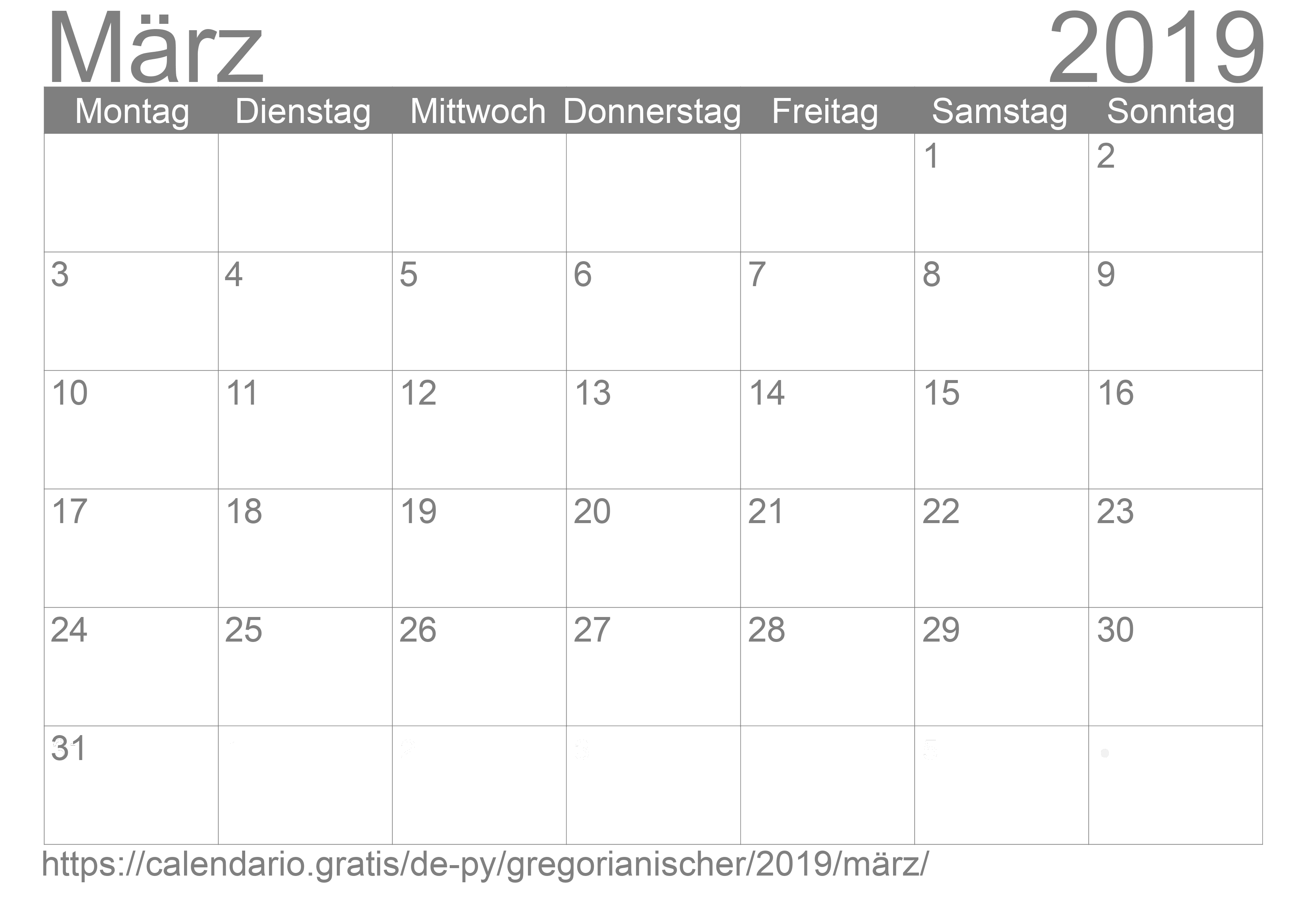 Kalender März 2019 zum Ausdrucken