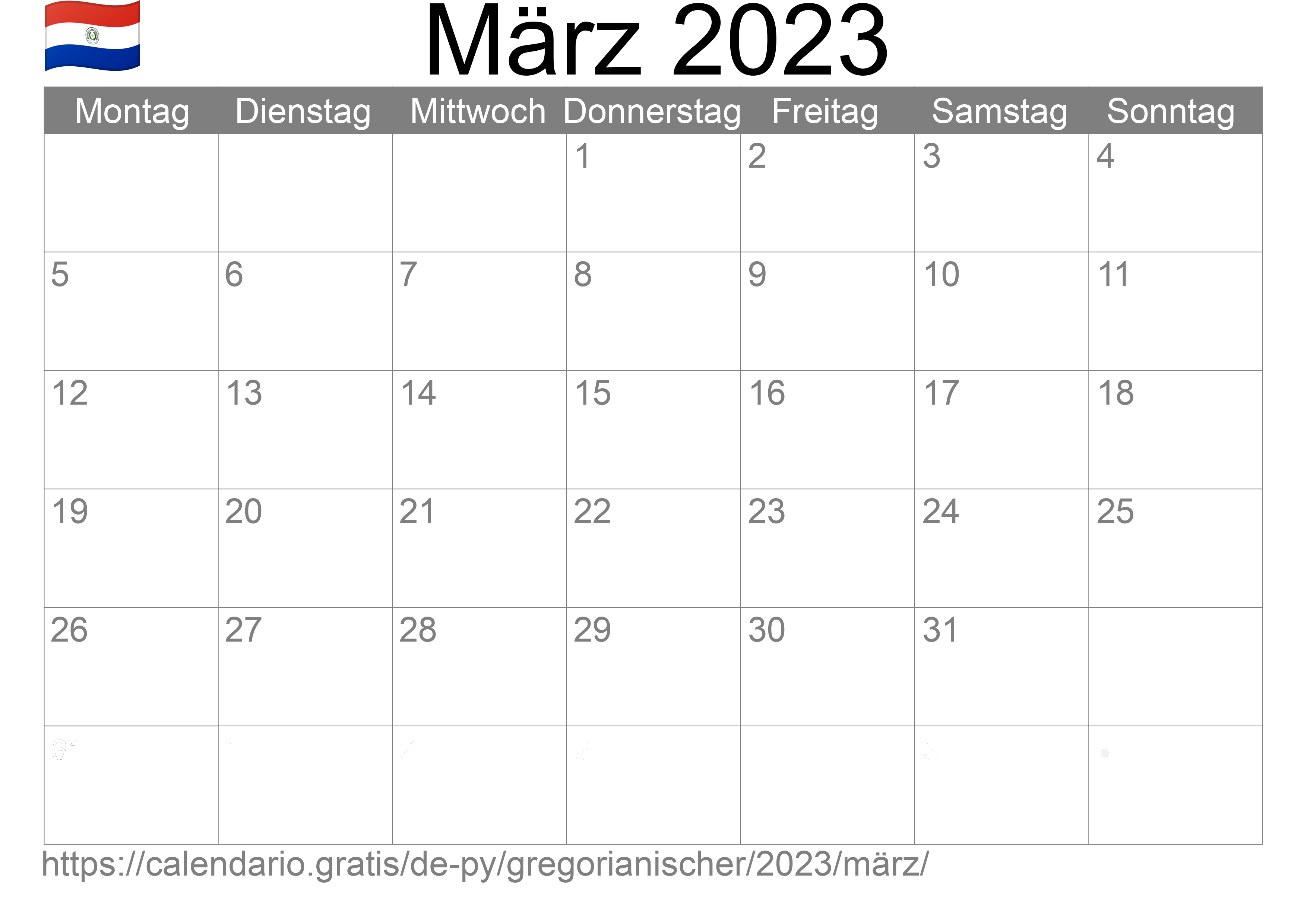 Kalender März 2023 zum Ausdrucken