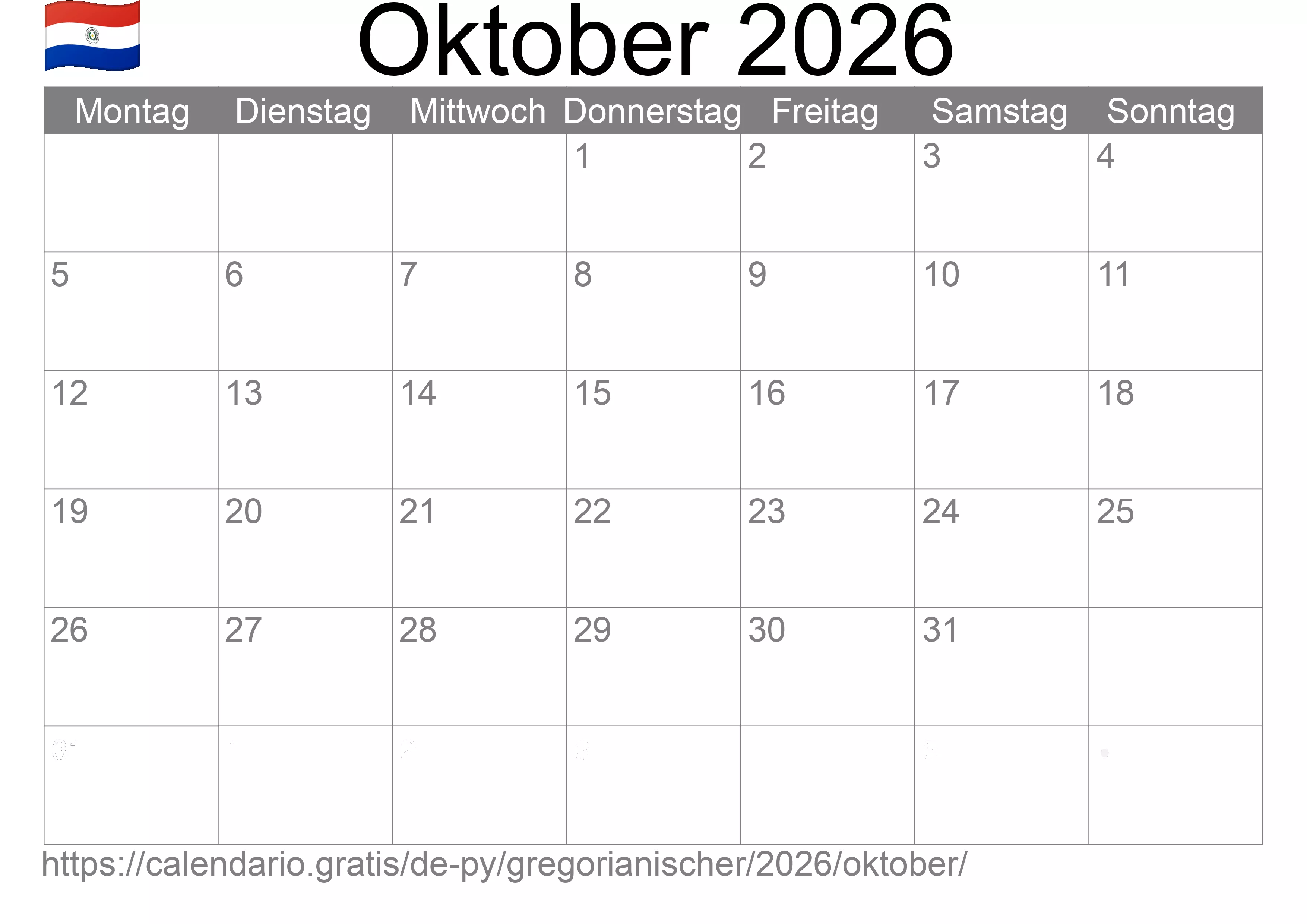Kalender Oktober 2026 zum Ausdrucken (Paraguay) Kalender Oktober 2026 zum Ausdrucken (Paraguay)