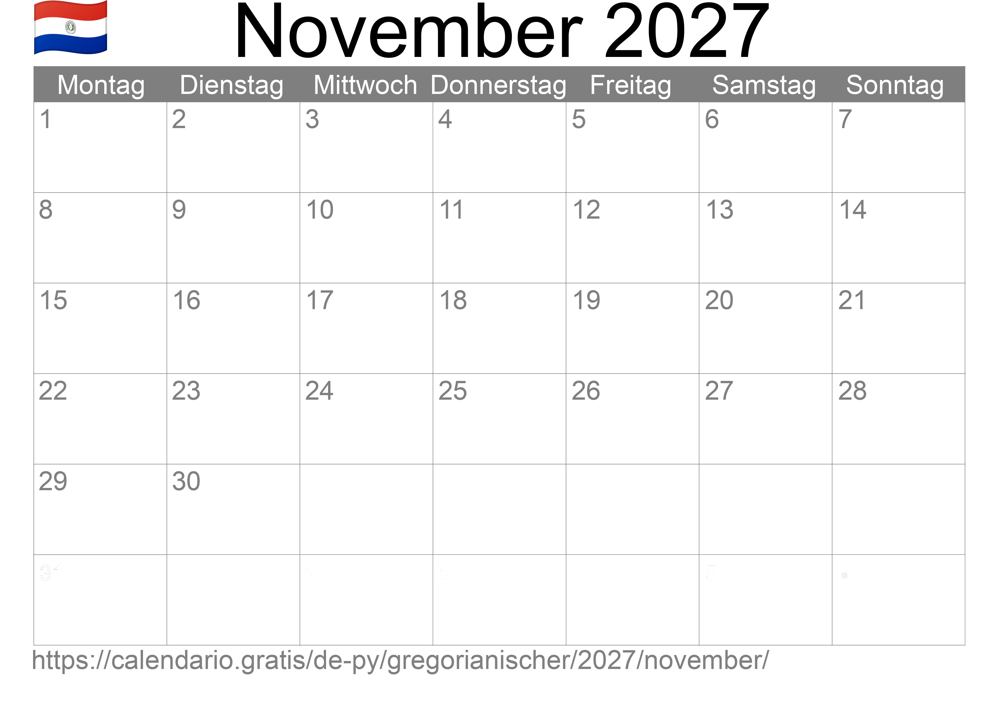 Kalender November 2027 zum Ausdrucken