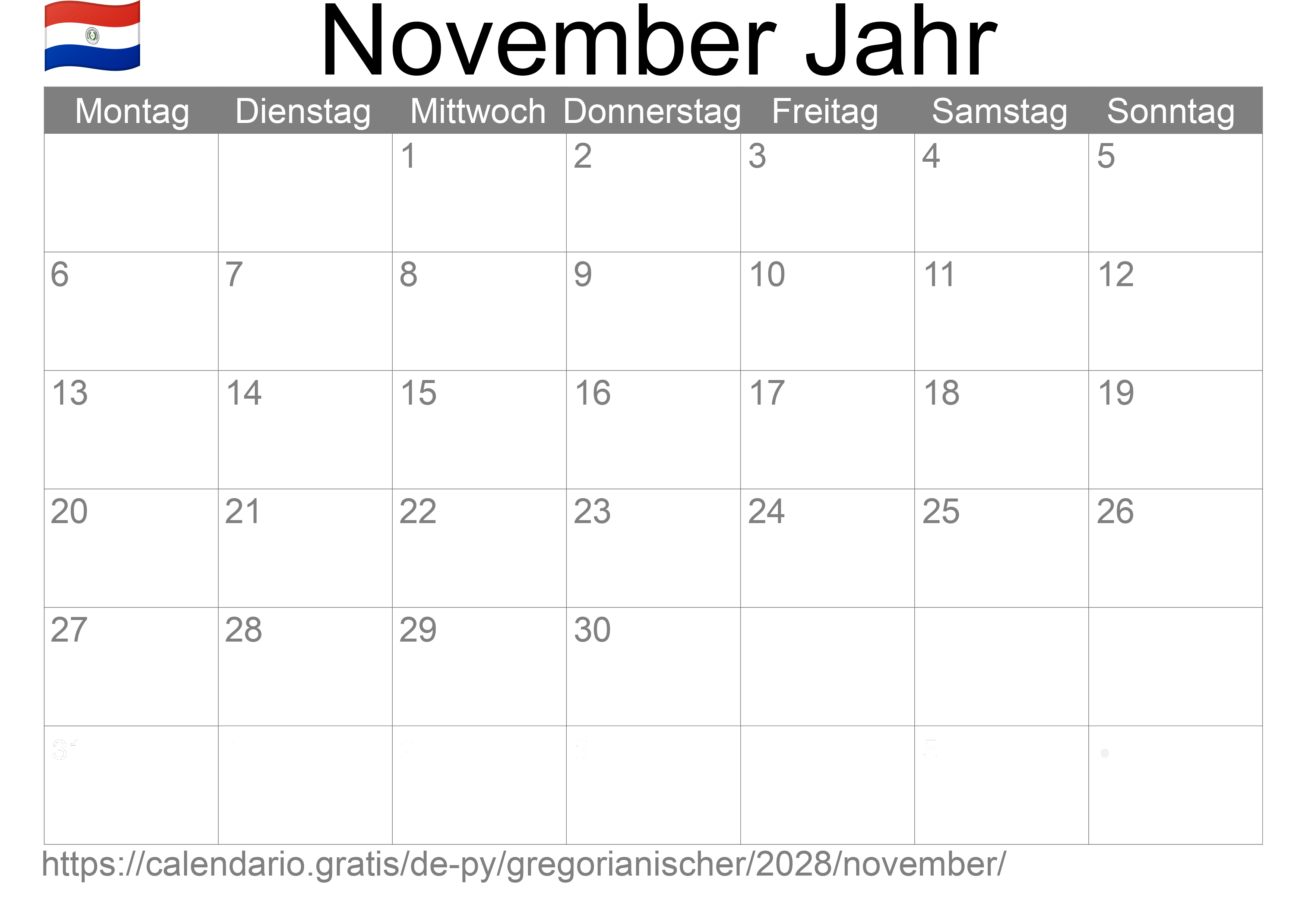 Kalender November 2028 zum Ausdrucken