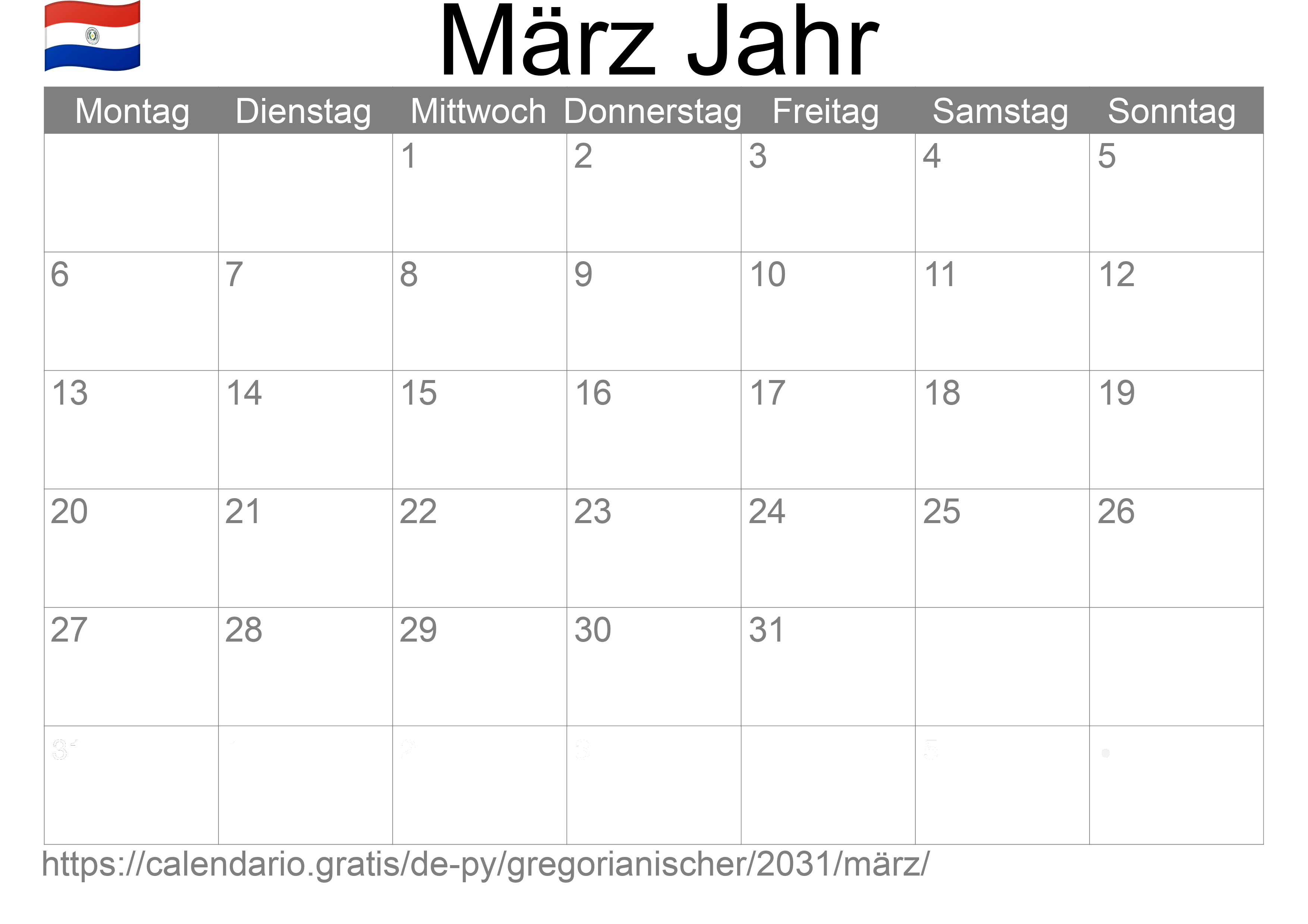 Kalender März 2031 zum Ausdrucken