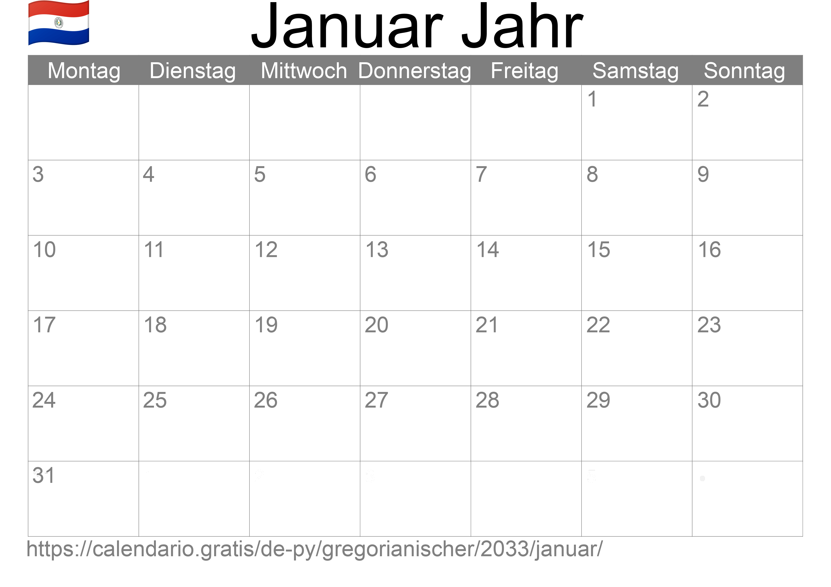 Kalender Januar 2033 zum Ausdrucken