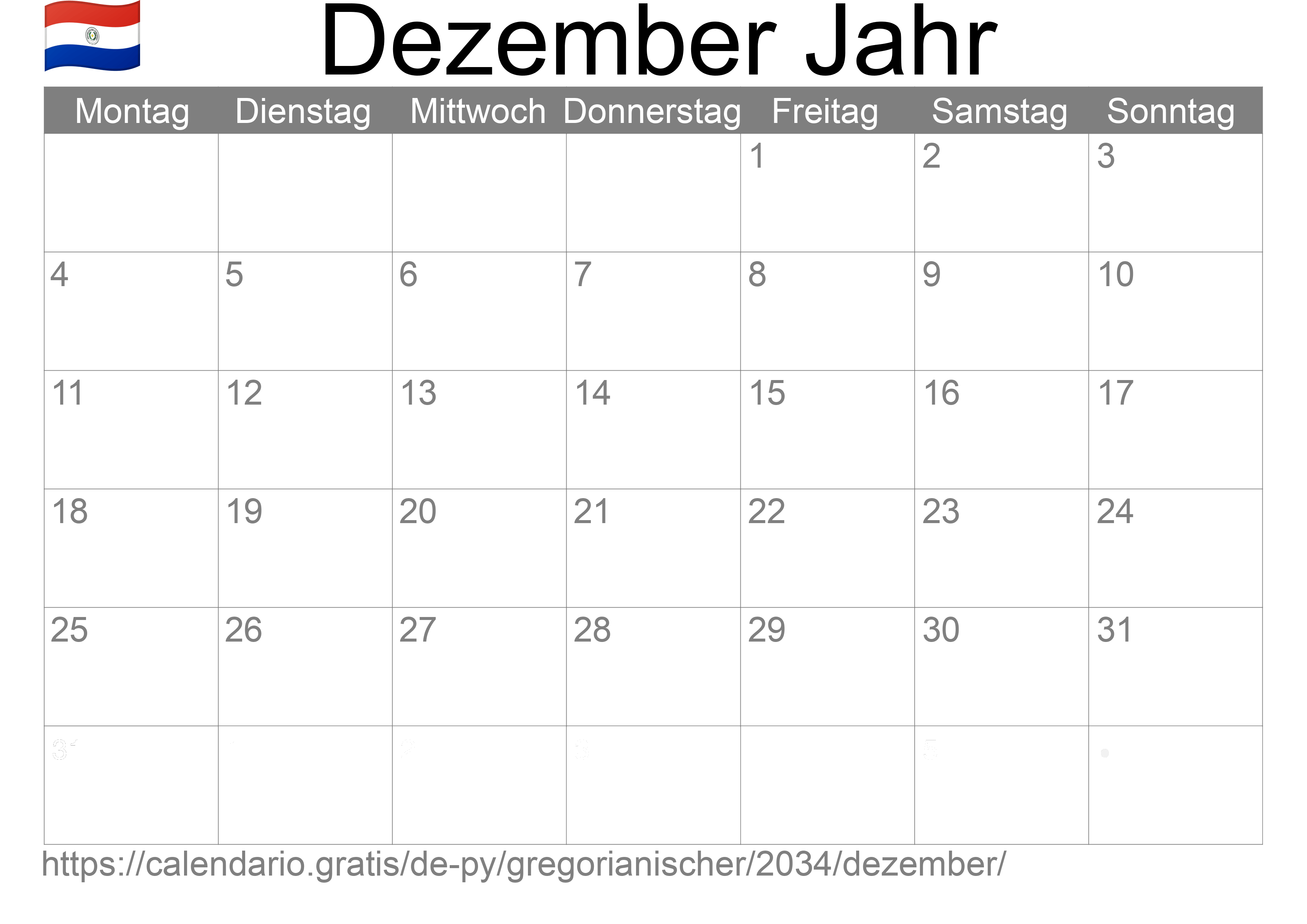 Kalender Dezember 2034 zum Ausdrucken