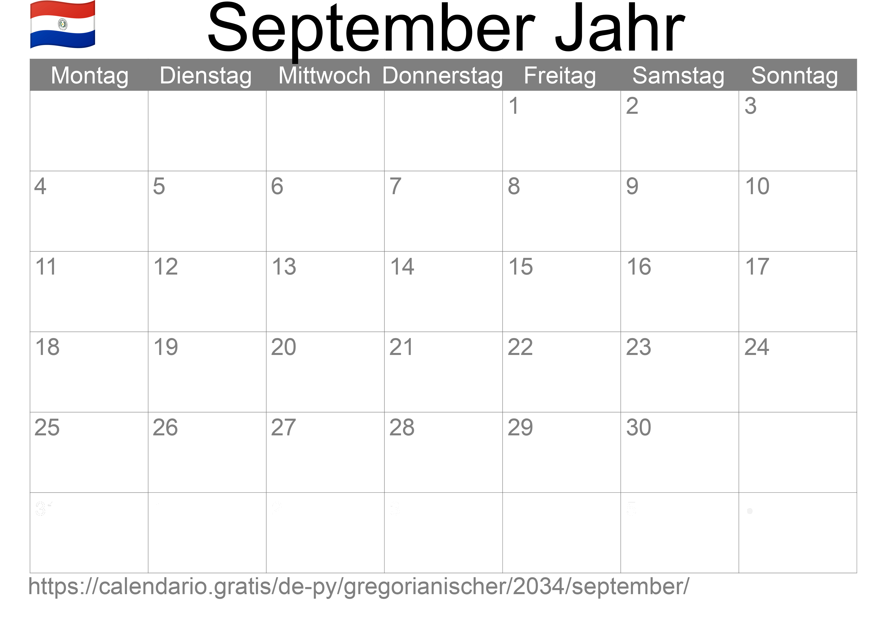 Kalender September 2034 zum Ausdrucken