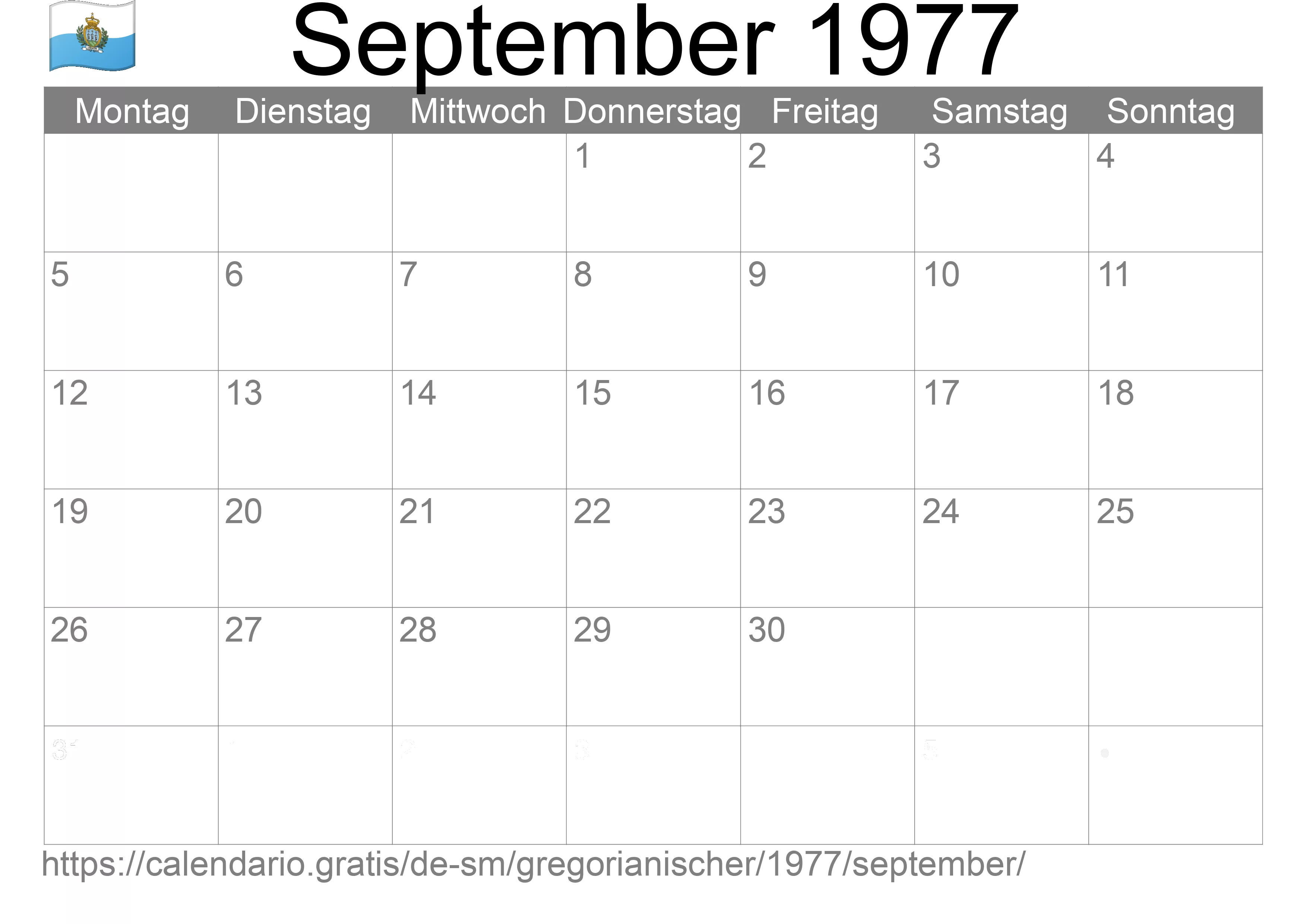 Kalender September 1977 zum Ausdrucken (San Marino)