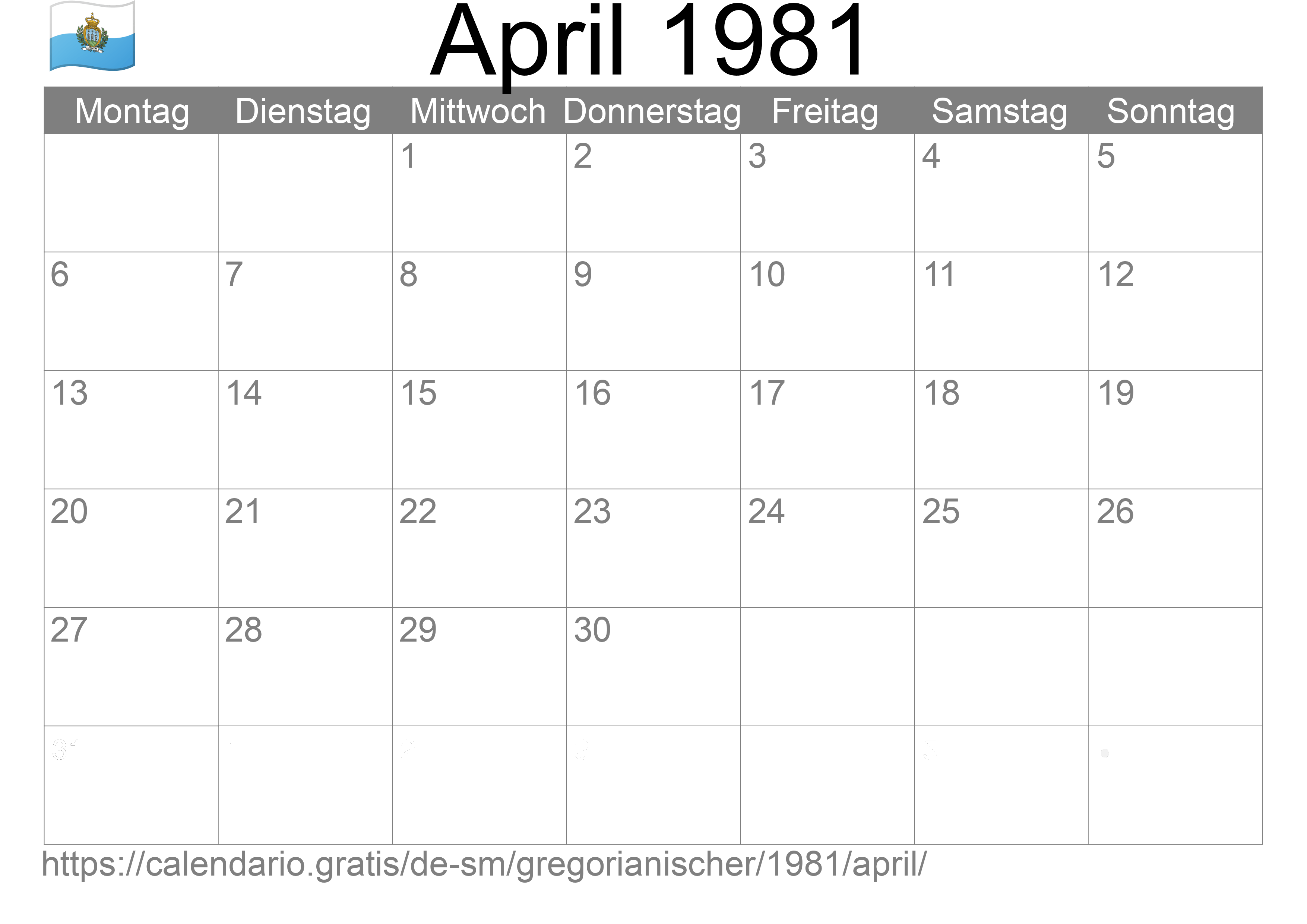 Kalender April 1981 zum Ausdrucken