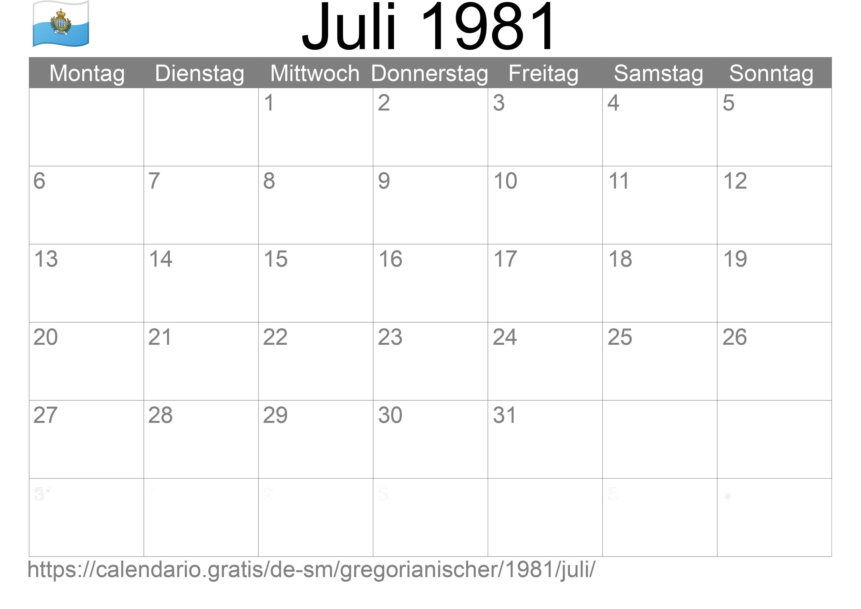 Kalender Juli 1981 zum Ausdrucken