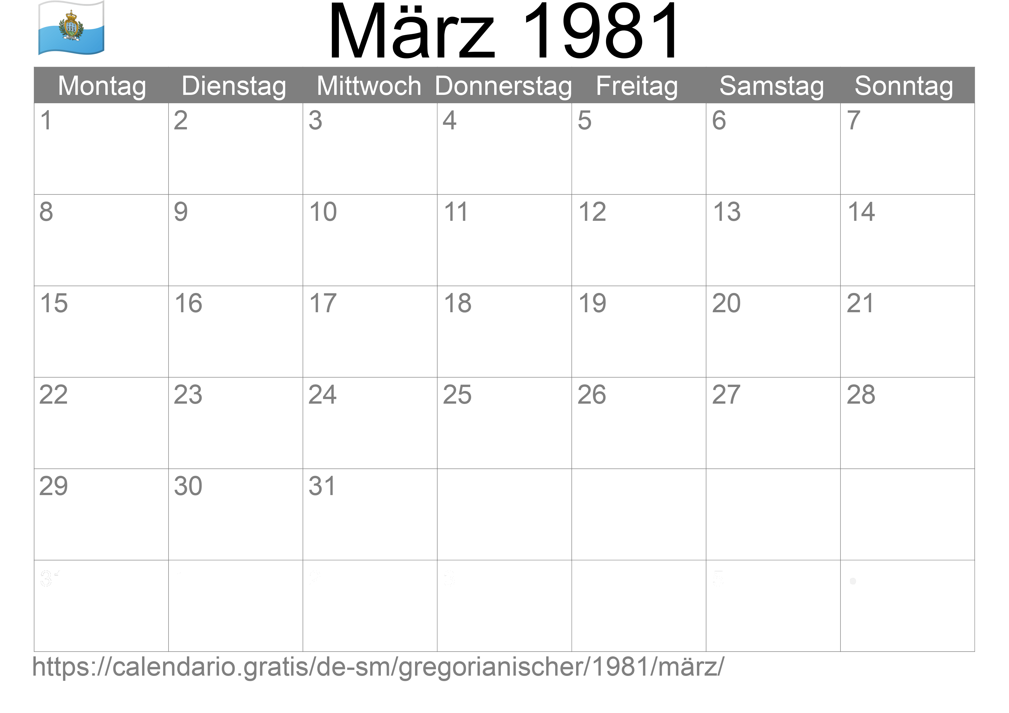 Kalender März 1981 zum Ausdrucken