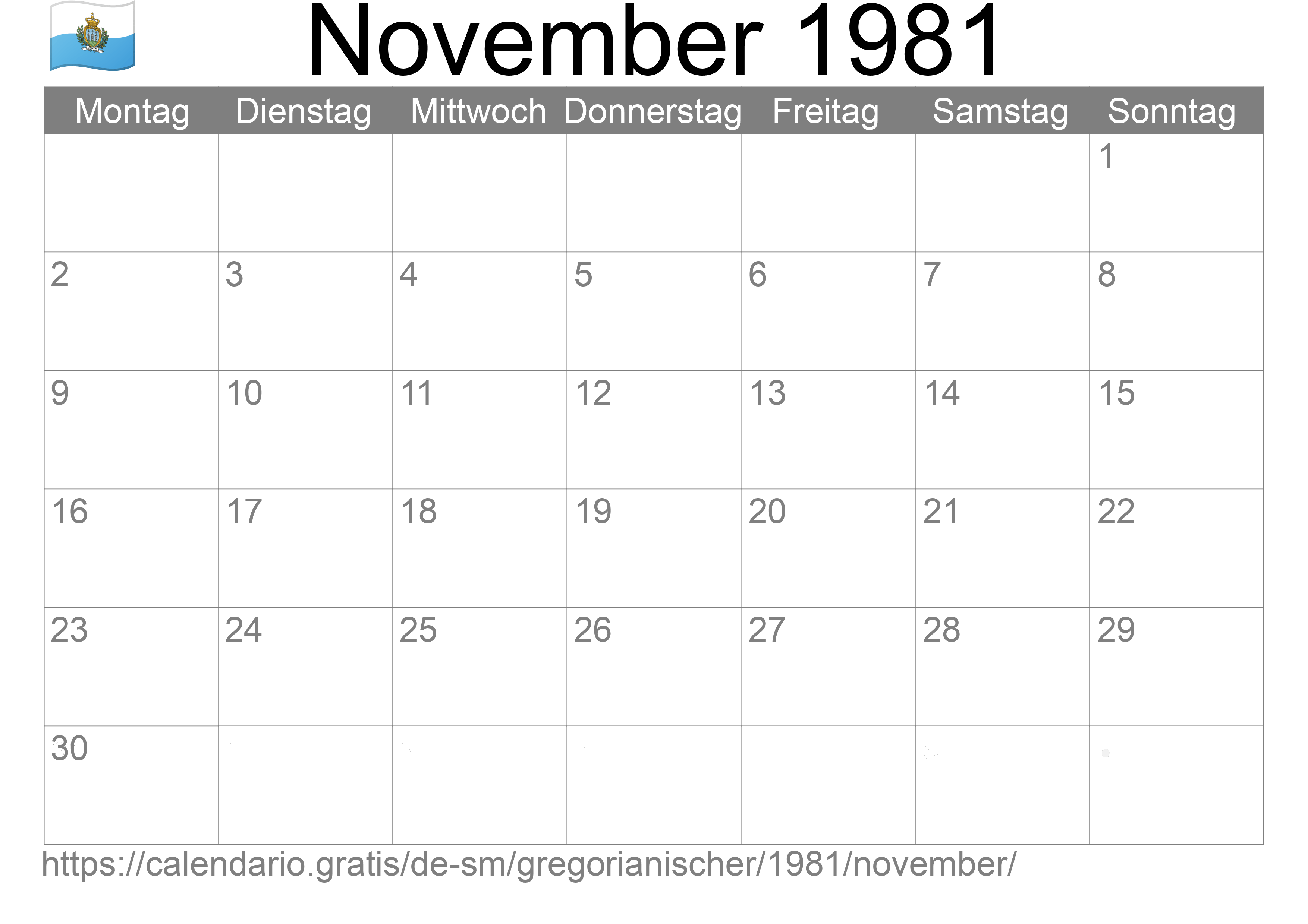 Kalender November 1981 zum Ausdrucken