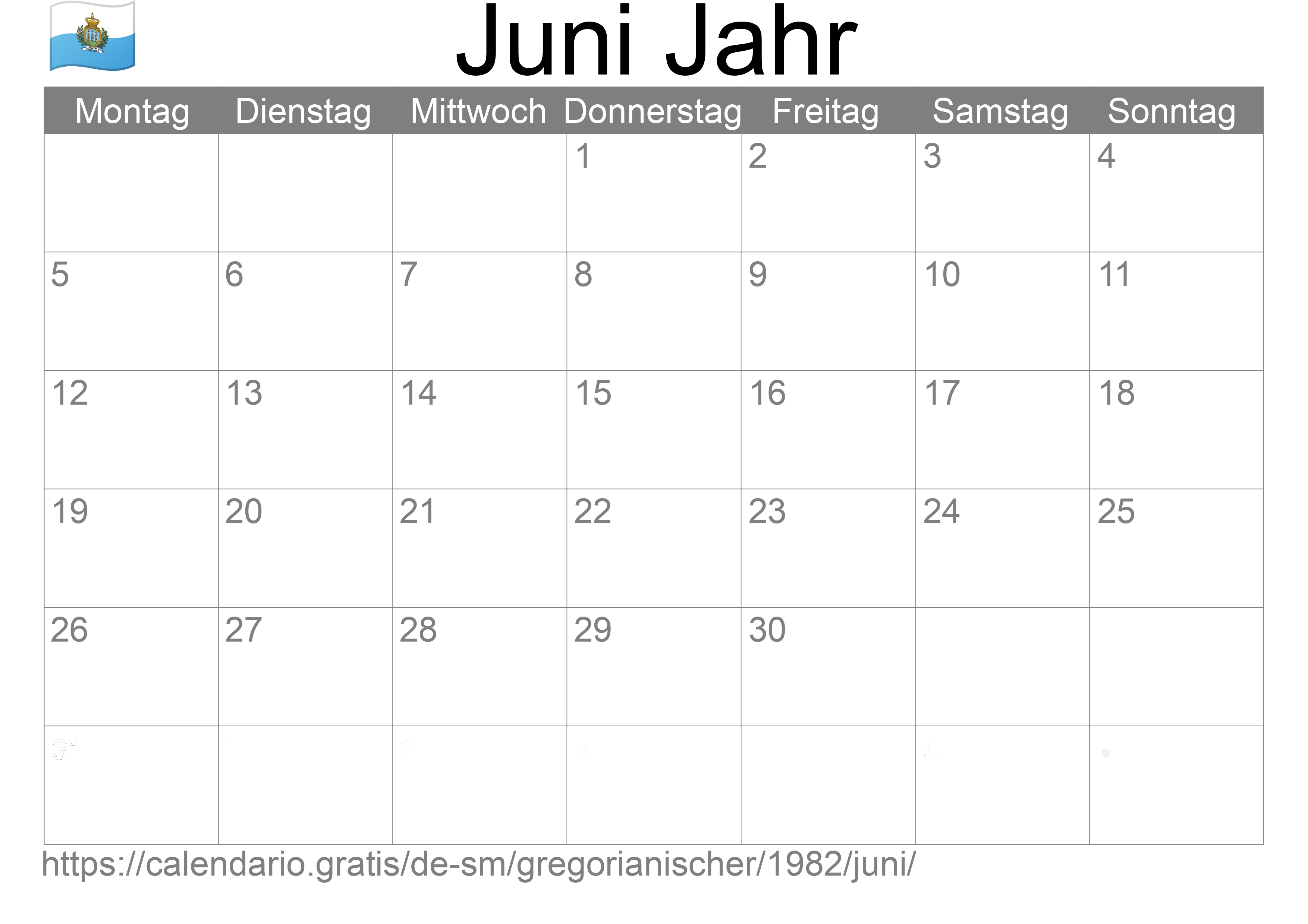 Kalender Juni 1982 zum Ausdrucken