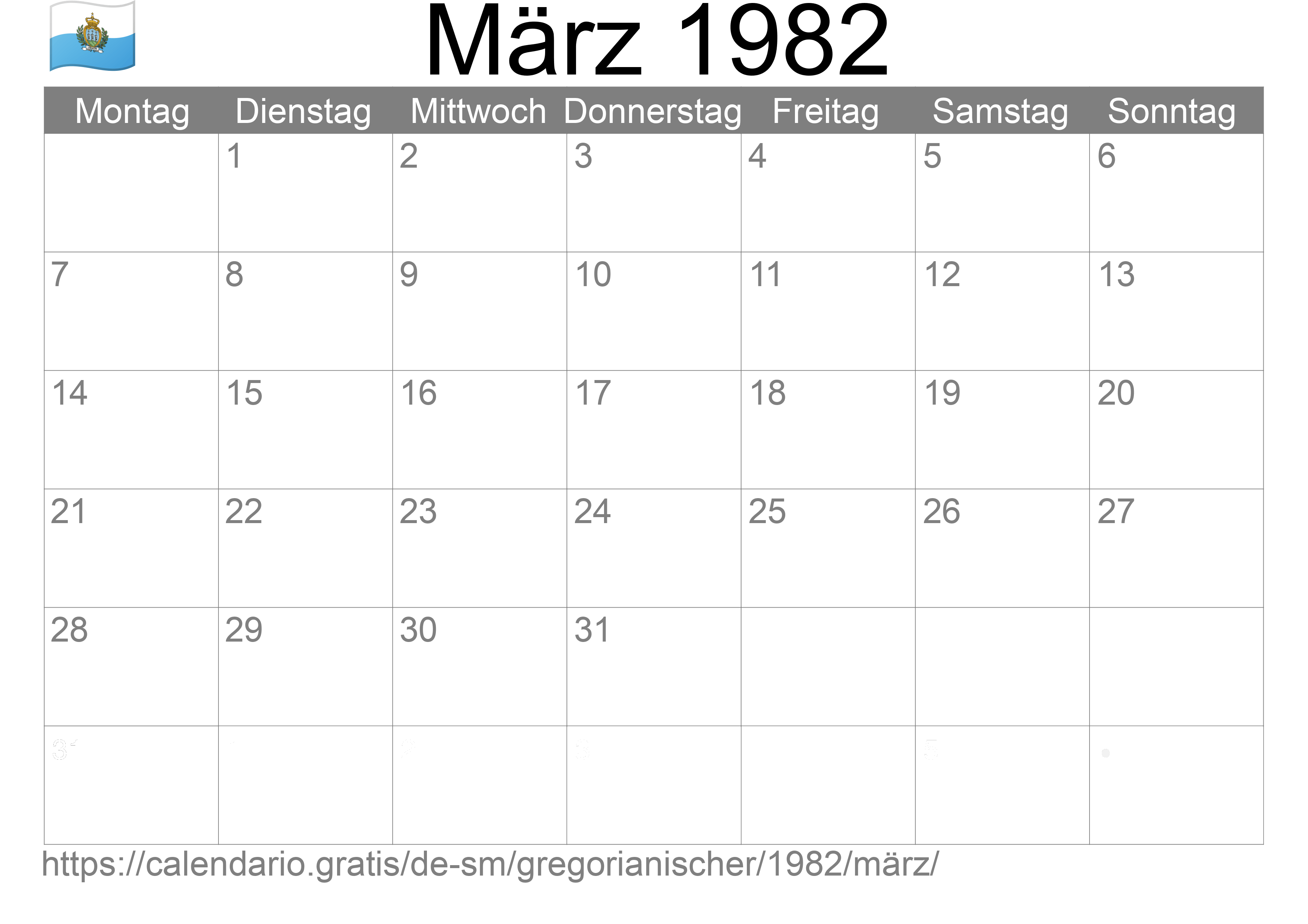 Kalender März 1982 zum Ausdrucken