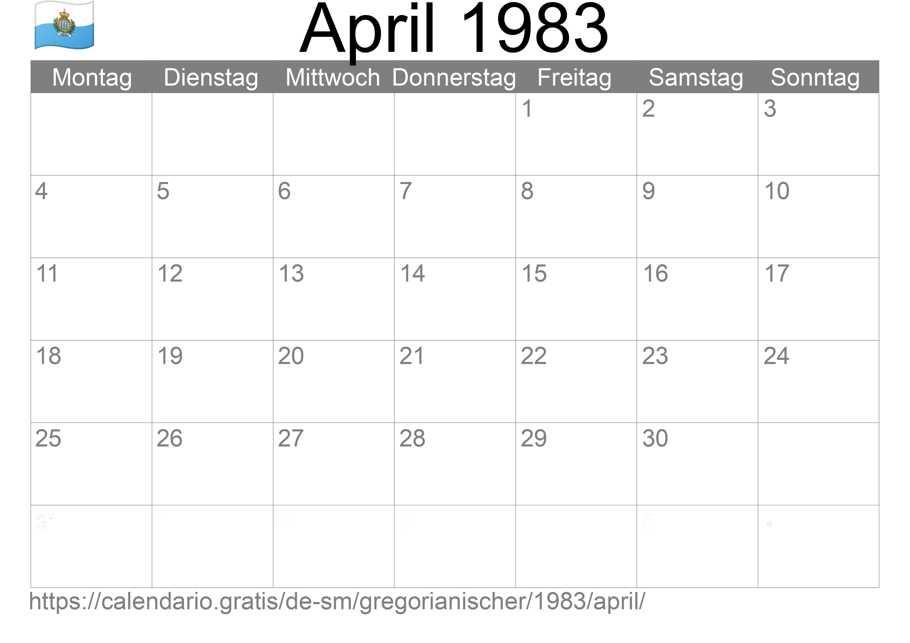 Kalender April 1983 zum Ausdrucken