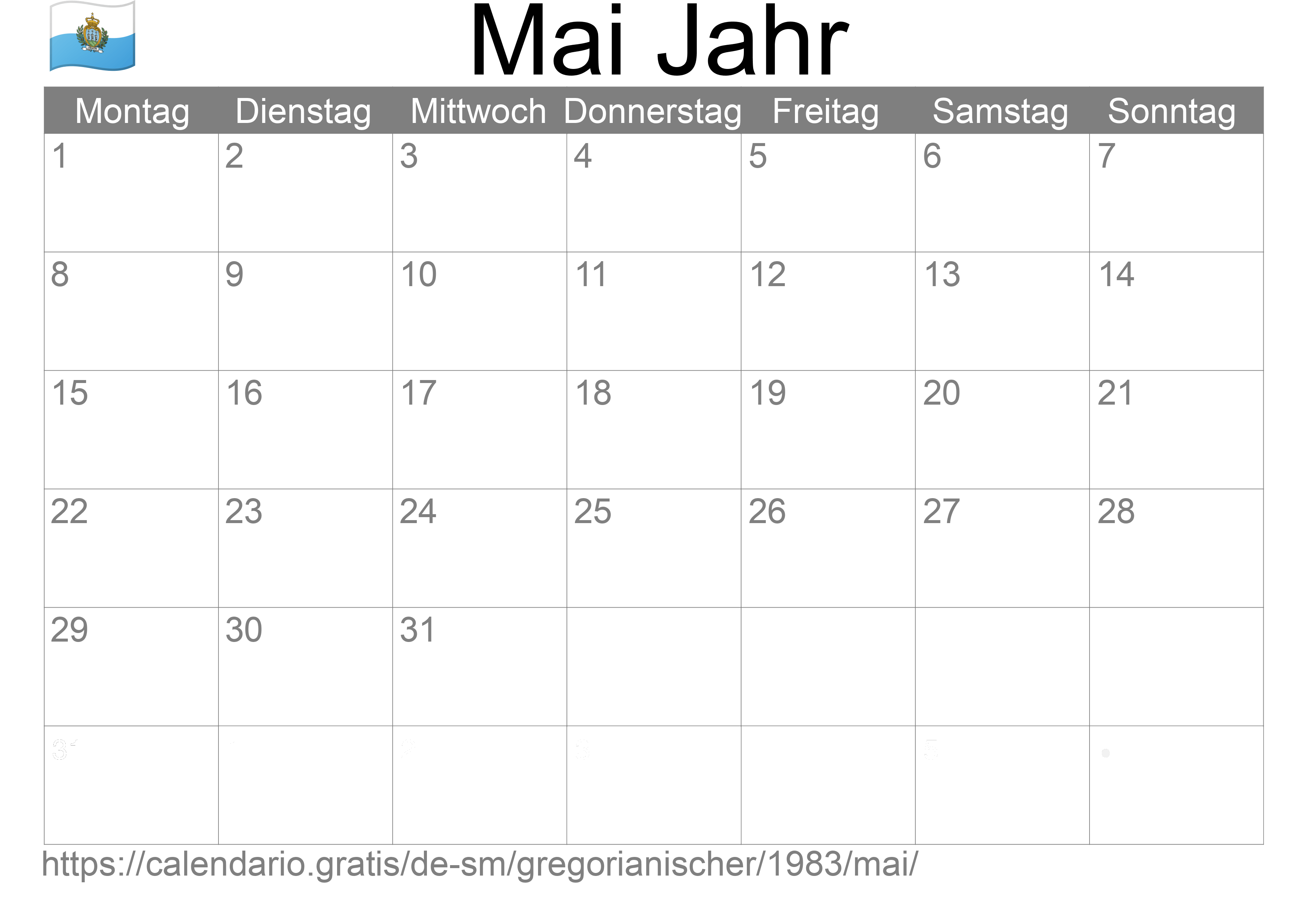 Kalender Mai 1983 zum Ausdrucken