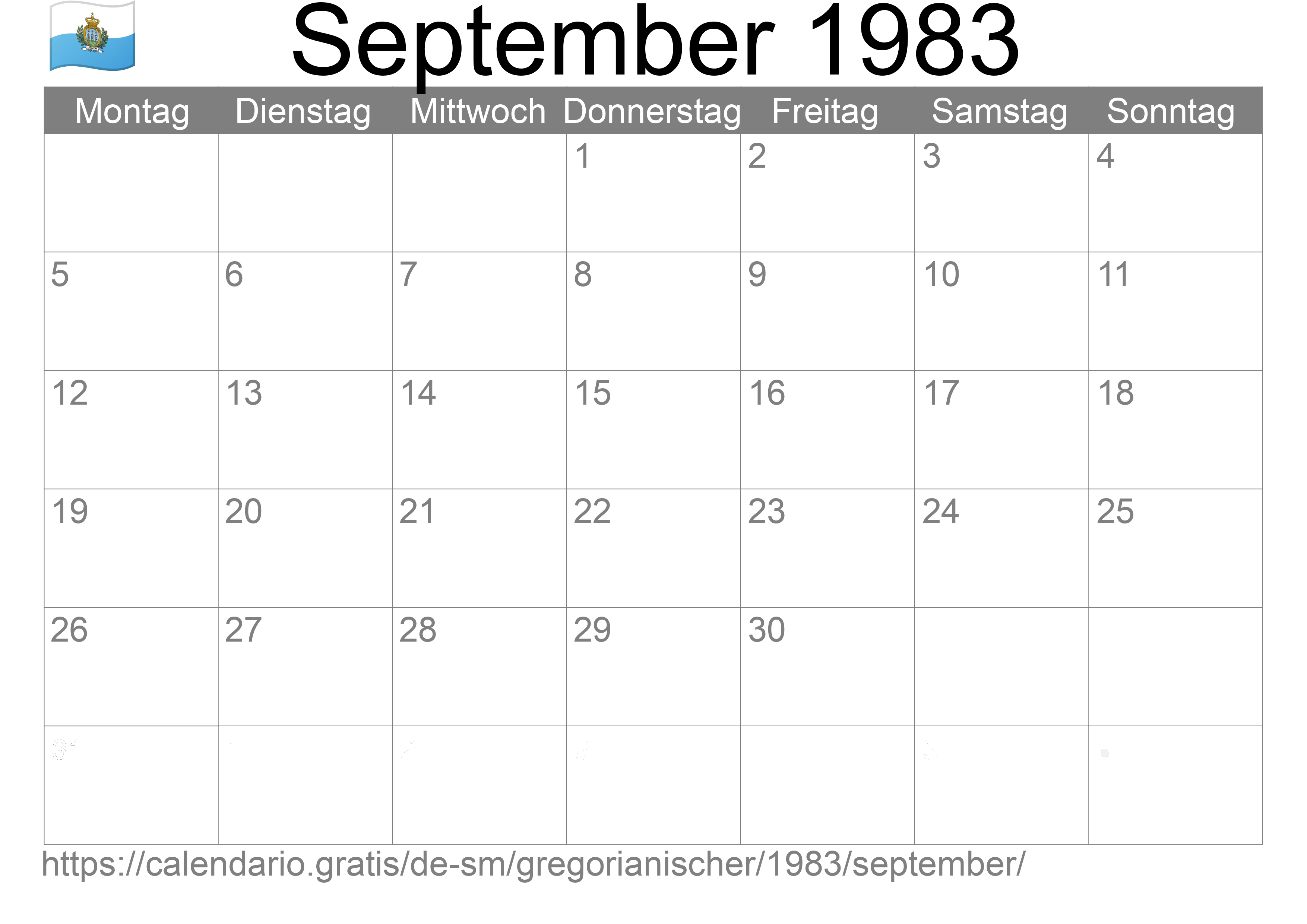 Kalender September 1983 zum Ausdrucken