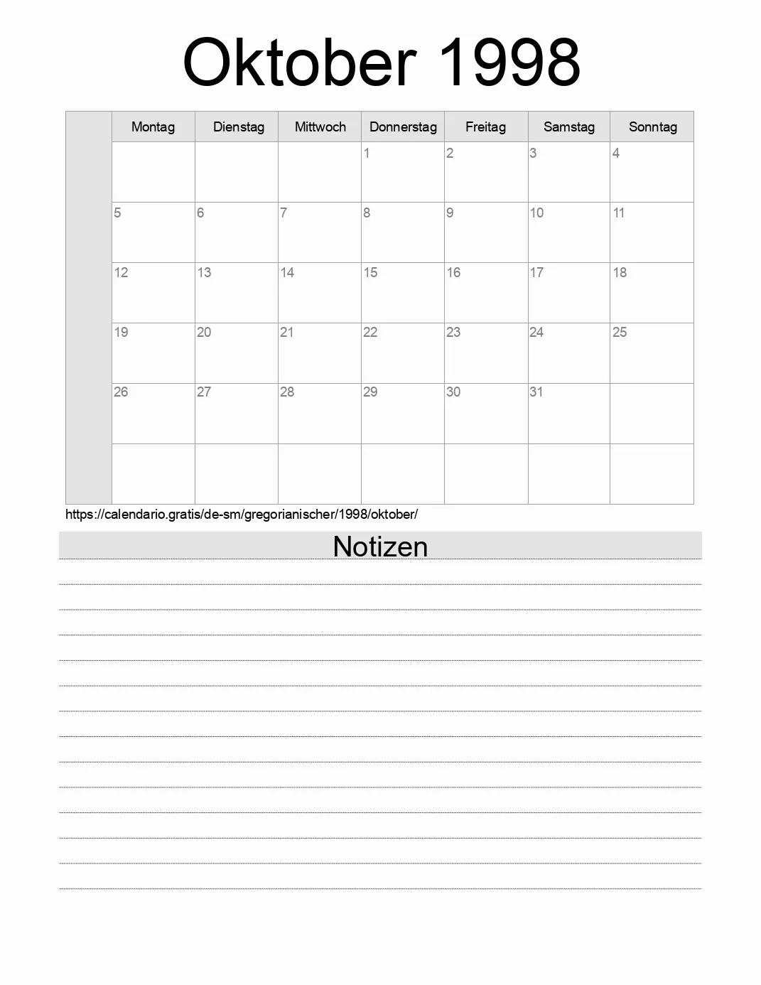 Kalender für Oktober 1998 zum Drucken mit Notizen. (San Marino)