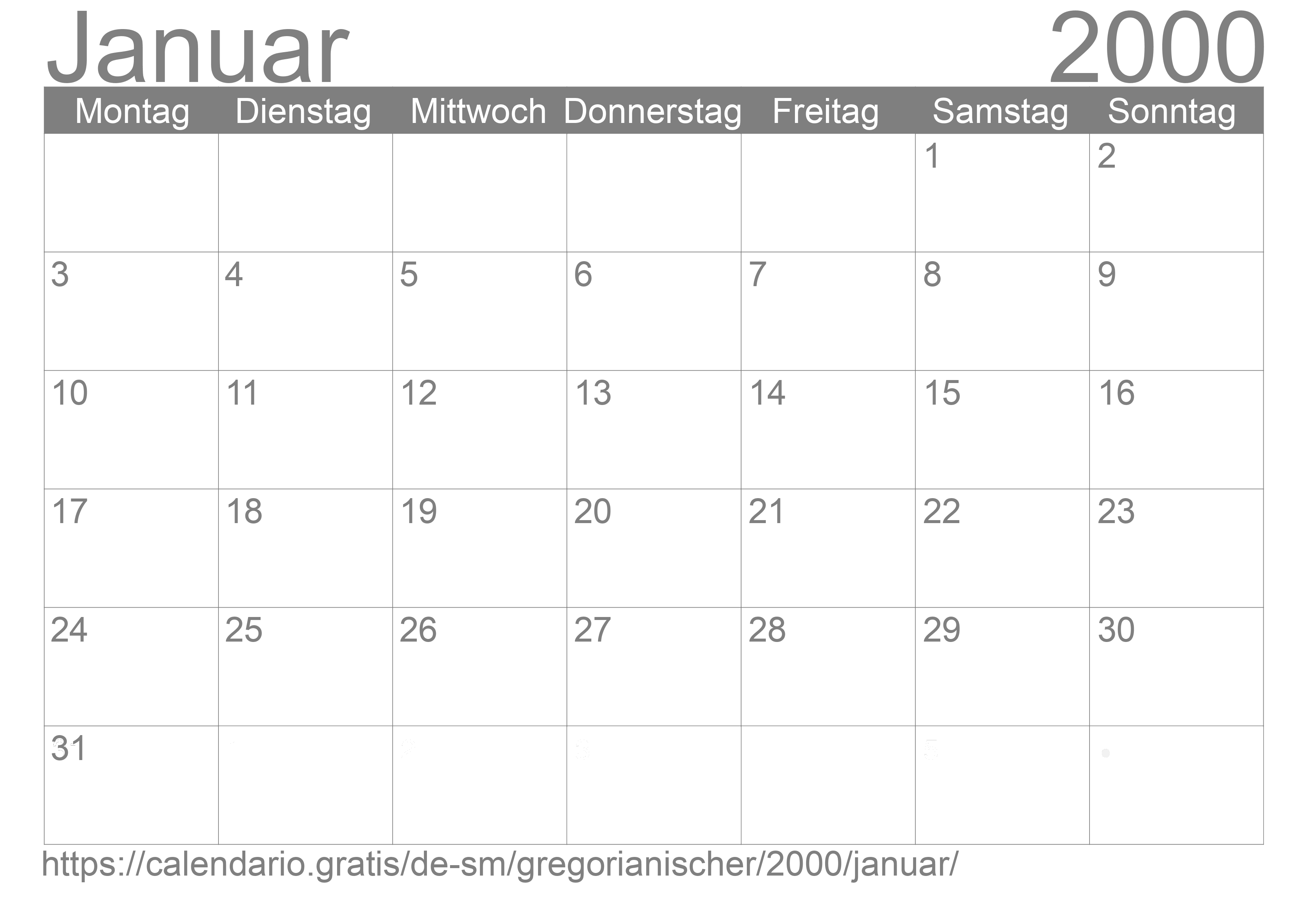 Kalender Januar 2000 zum Ausdrucken