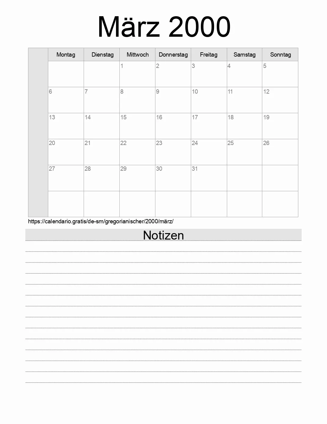 Kalender für März 2000 zum Drucken mit Notizen. (San Marino)