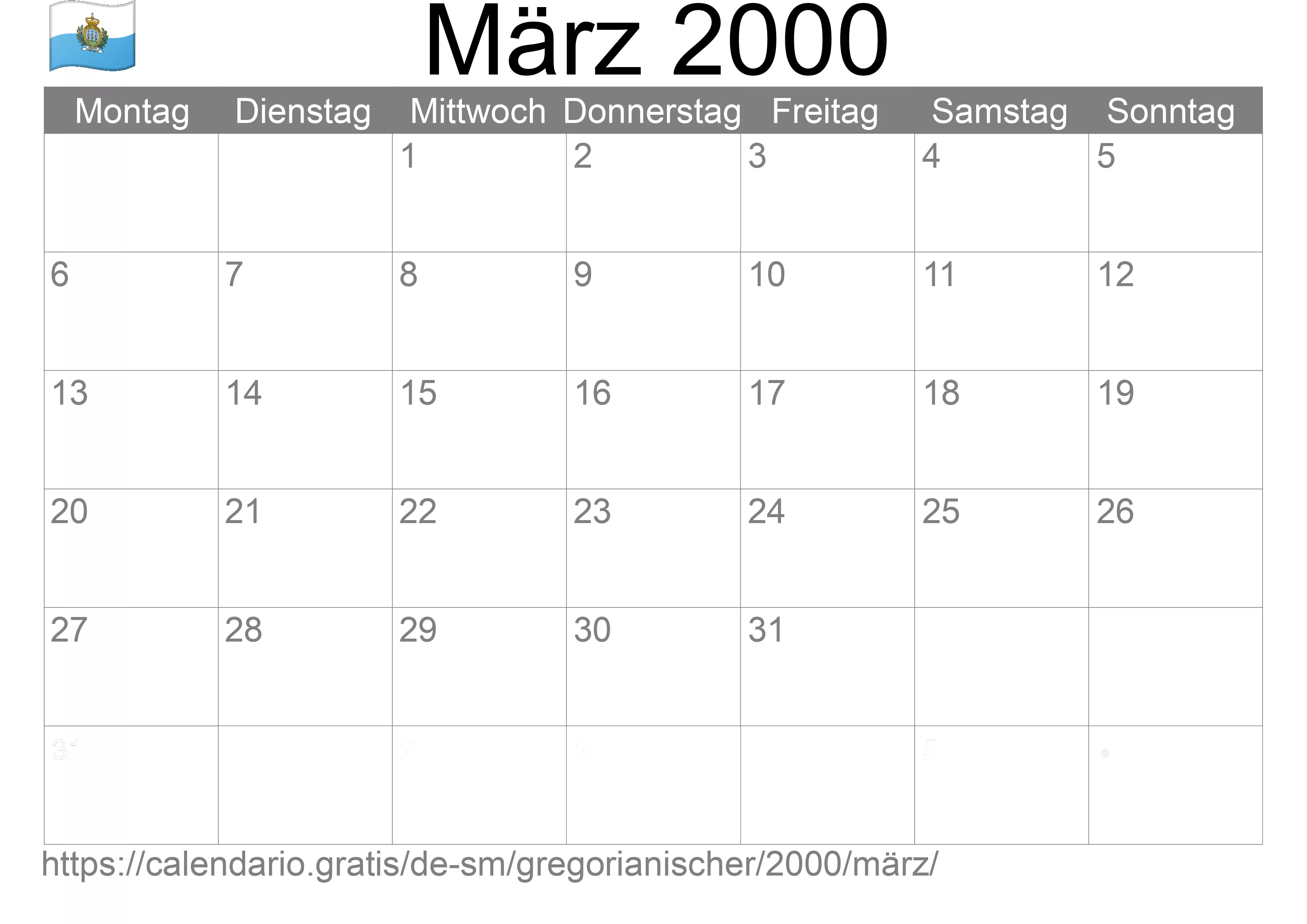Kalender März 2000 zum Ausdrucken (San Marino)